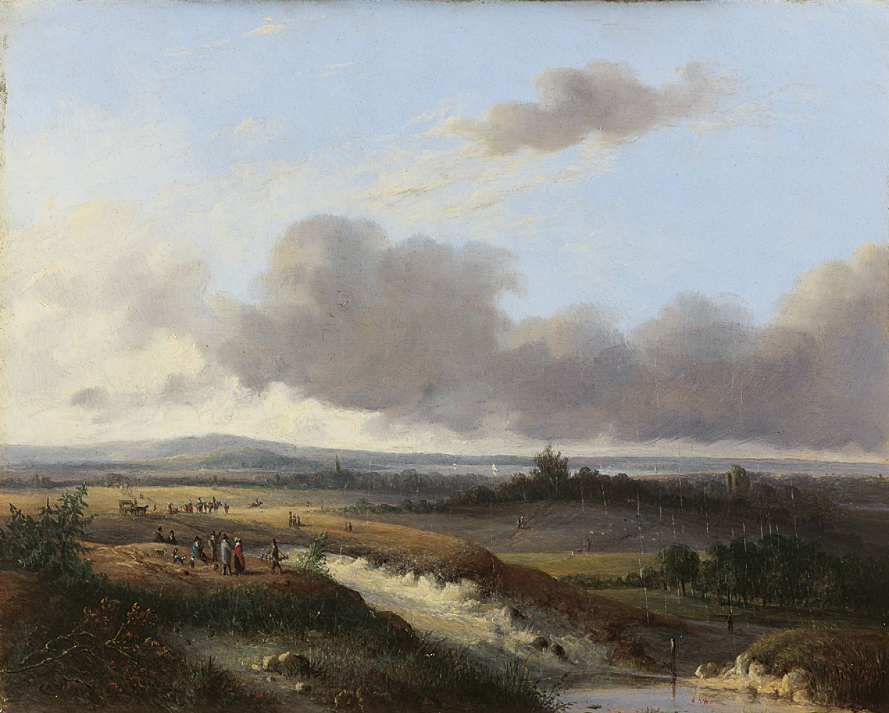 Weerts C.A. | Coenraad Alexander Weerts, Jachtpartij in een uitgestrekt heuvellandschap, olieverf op paneel 22,5 x 28,2 cm, gesigneerd linksonder en rechtsonder met initialen Weerts C.A. | Coenraad Alexander Weerts, Jachtpartij in een uitgestrekt heuvellandschap, olieverf op paneel 22,5 x 28,2 cm, gesigneerd linksonder en rechtsonder met initialen