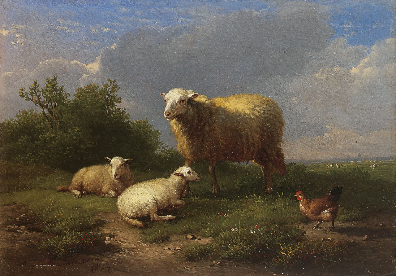 Verboeckhoven E.J. | Eugène Joseph Verboeckhoven, Weide met schaap en twee lammeren, olieverf op paneel 14,4 x 20,4 cm, gesigneerd linksonder en gedateerd 1874 Verboeckhoven E.J. | Eugène Joseph Verboeckhoven, Weide met schaap en twee lammeren, olieverf op paneel 14,4 x 20,4 cm, gesigneerd linksonder en gedateerd 1874