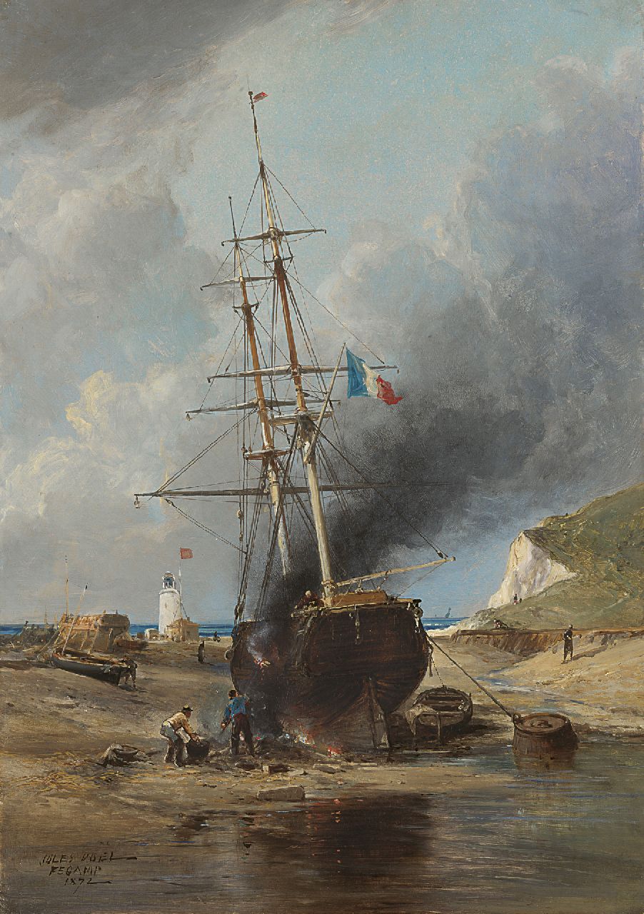 Noël J.A. | Jules Achille Noël, Scheepsteerders op het strand van Fécamp, olieverf op doek 54,4 x 38,2 cm, gesigneerd linksonder en gedateerd 'Fécamp IX72' Noël J.A. | Jules Achille Noël, Scheepsteerders op het strand van Fécamp, olieverf op doek 54,4 x 38,2 cm, gesigneerd linksonder en gedateerd 'Fécamp IX72'