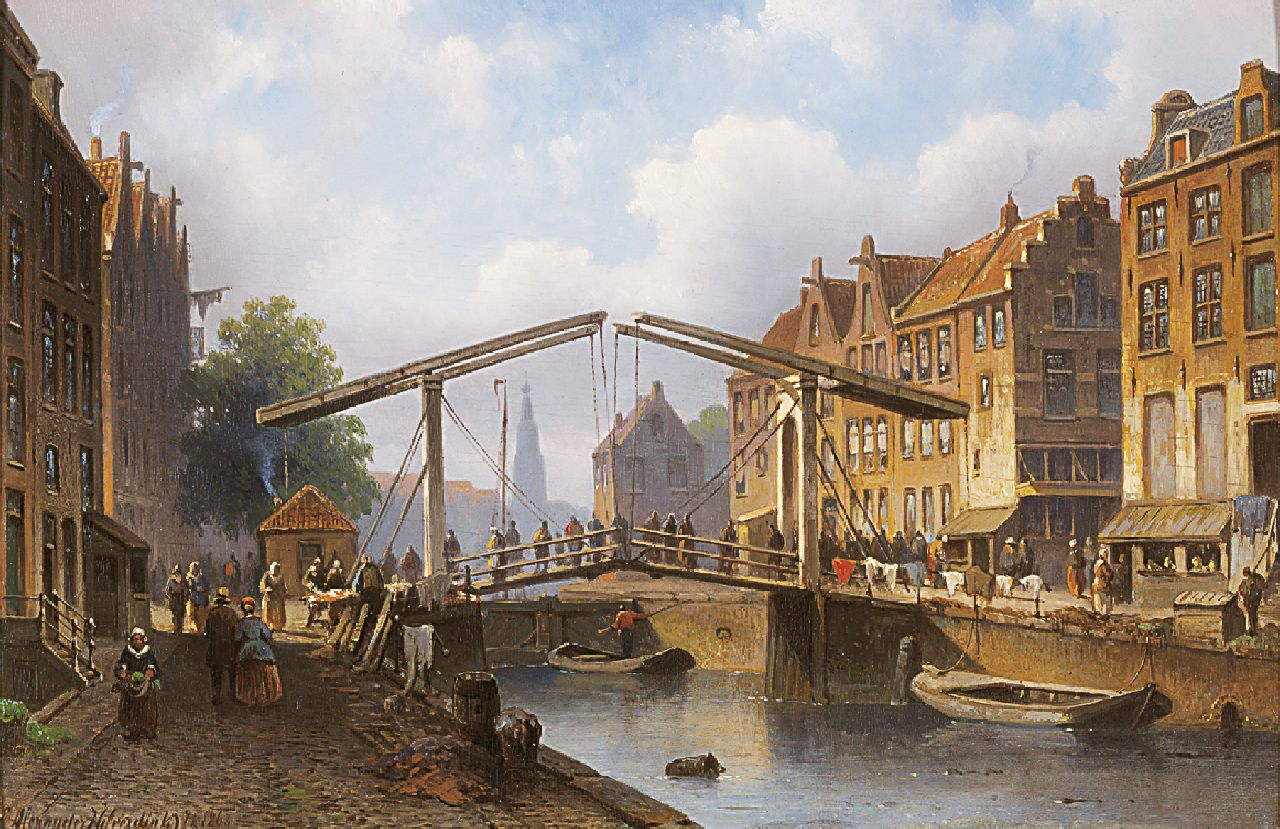 Hilverdink E.A. | Eduard Alexander Hilverdink, Stadsgezicht met ophaalbrug en talrijke figuren, olieverf op paneel 24,1 x 36,1 cm, gesigneerd linksonder en gedateerd 1862 Hilverdink E.A. | Eduard Alexander Hilverdink, Stadsgezicht met ophaalbrug en talrijke figuren, olieverf op paneel 24,1 x 36,1 cm, gesigneerd linksonder en gedateerd 1862