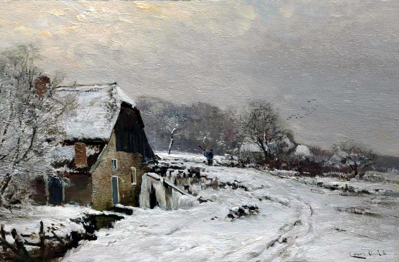 Apol L.F.H. | Lodewijk Franciscus Hendrik 'Louis' Apol, Boerderij in een winterlandschap, olieverf op paneel 27,5 x 42,1 cm, gesigneerd rechtsonder Apol L.F.H. | Lodewijk Franciscus Hendrik 'Louis' Apol, Boerderij in een winterlandschap, olieverf op paneel 27,5 x 42,1 cm, gesigneerd rechtsonder