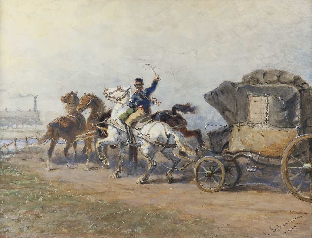 Schermer C.A.J. | Cornelis Albertus Johannes Schermer, Halt voor de trein!, aquarel op papier 55,4 x 72,3 cm, gesigneerd rechtsonder en gedateerd 1911 Schermer C.A.J. | Cornelis Albertus Johannes Schermer, Halt voor de trein!, aquarel op papier 55,4 x 72,3 cm, gesigneerd rechtsonder en gedateerd 1911