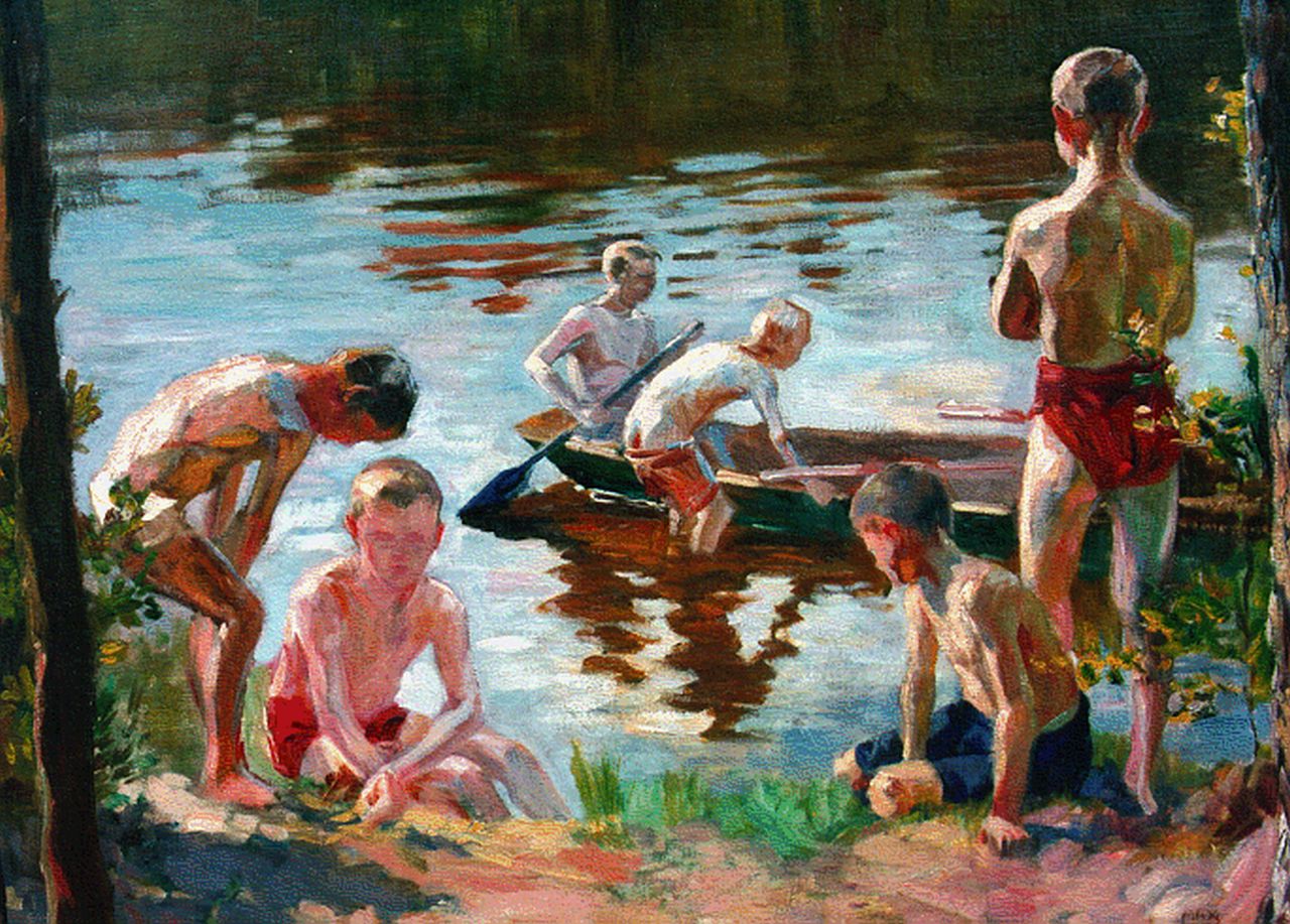Vogel H.M. | Heinrich 'Max' Vogel, Spelende jongens aan de rivieroever, olieverf op doek 52,0 x 64,0 cm, gesigneerd rechtsonder Vogel H.M. | Heinrich 'Max' Vogel, Spelende jongens aan de rivieroever, olieverf op doek 52,0 x 64,0 cm, gesigneerd rechtsonder