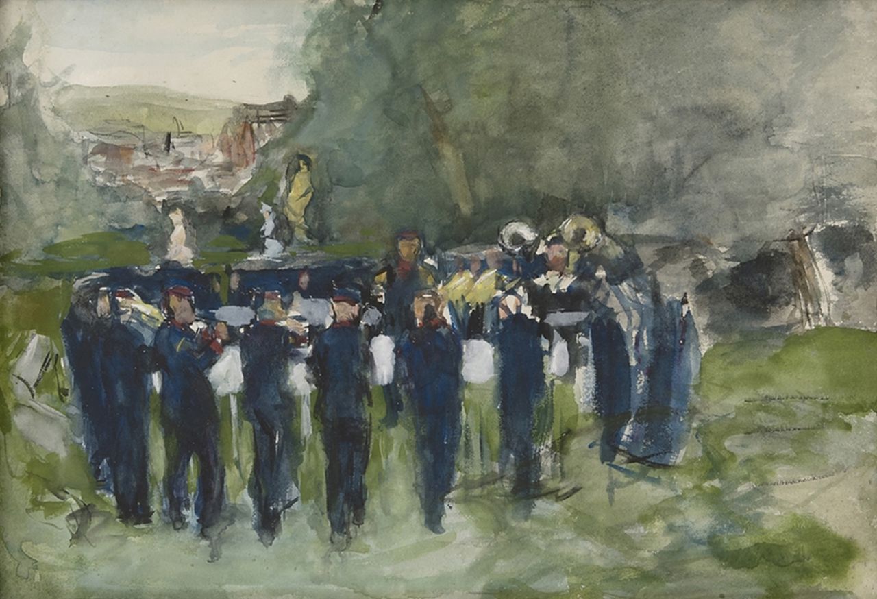 Rappard A.G.A. van | 'Anthon' Gerhard Alexander van Rappard | Aquarellen en tekeningen te koop aangeboden | Muziekkorps in Neuenahr, krijt, aquarel en gouache op papier 35,7 x 51,0 cm