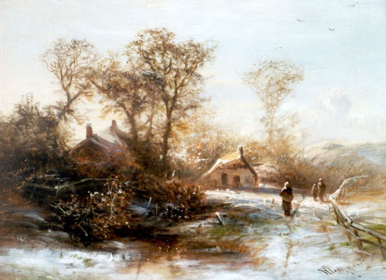 Kluyver P.L.F. | 'Pieter' Lodewijk Francisco Kluyver, Boerenvolk in een winters boslandschap, olieverf op paneel 19,5 x 26,0 cm, gesigneerd rechtsonder Kluyver P.L.F. | 'Pieter' Lodewijk Francisco Kluyver, Boerenvolk in een winters boslandschap, olieverf op paneel 19,5 x 26,0 cm, gesigneerd rechtsonder