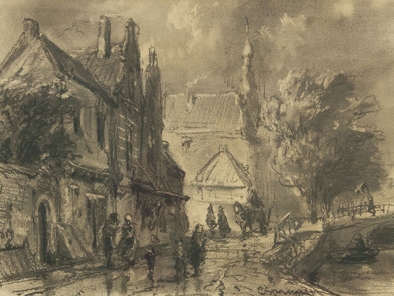 Springer C. | Cornelis Springer, Gezicht op de Raamgracht te Haarlem, houtskool op papier 31,0 x 40,1 cm, gesigneerd rechtsonder en gedateerd 1859 Springer C. | Cornelis Springer, Gezicht op de Raamgracht te Haarlem, houtskool op papier 31,0 x 40,1 cm, gesigneerd rechtsonder en gedateerd 1859