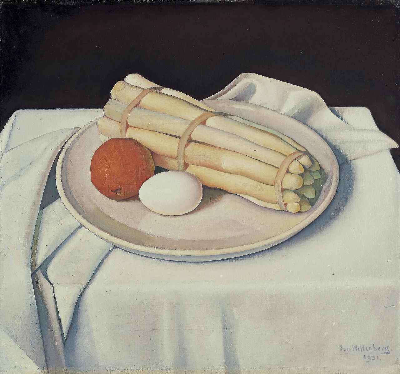 Wittenberg J.H.W.  | 'Jan' Hendrik Willem Wittenberg, Stilleven van asperges, sinaasappel en een ei, olieverf op doek 36,5 x 39,0 cm, gesigneerd rechtsonder en gedateerd 1931