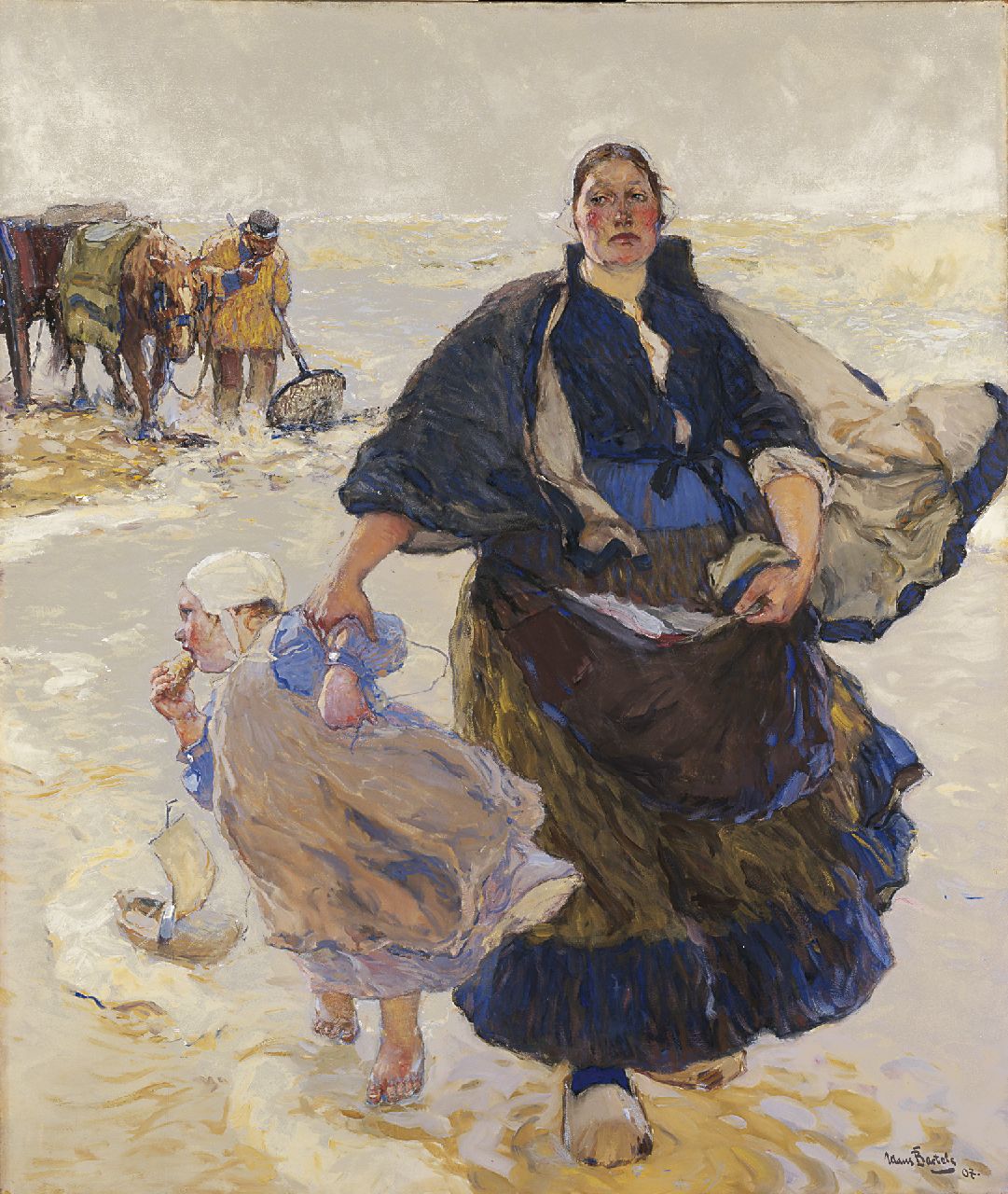 Bartels H. von | Hans von Bartels, Na de visvangst, vissersvrouw met kind, gouache op papier 120,0 x 102,0 cm, gesigneerd rechtsonder en gedateerd '07
