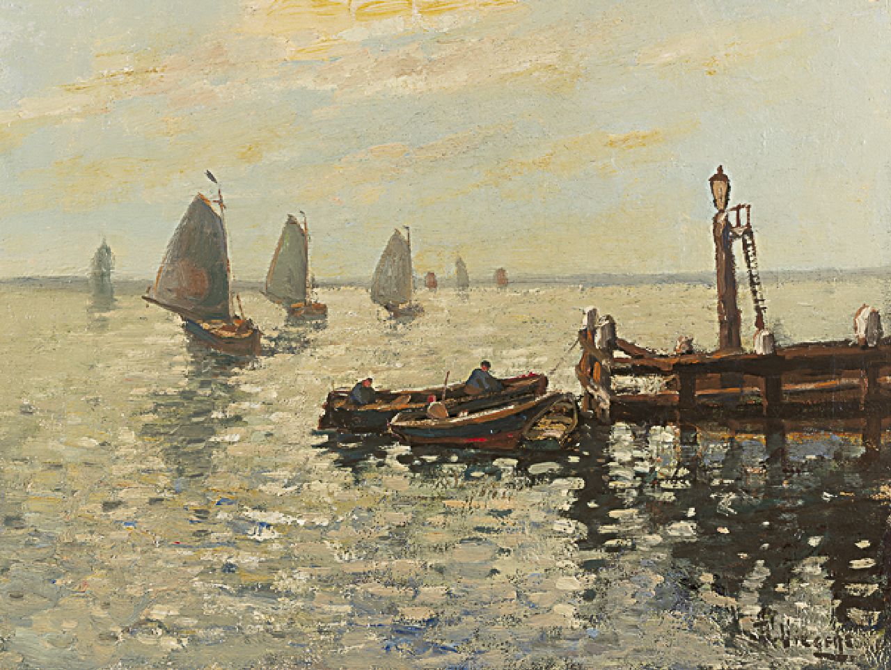 Viegers B.P. | Bernardus Petrus 'Ben' Viegers, Uitzeilende botters bij Volendam, olieverf op doek 30,3 x 40,0 cm, gesigneerd rechtsonder Viegers B.P. | Bernardus Petrus 'Ben' Viegers, Uitzeilende botters bij Volendam, olieverf op doek 30,3 x 40,0 cm, gesigneerd rechtsonder