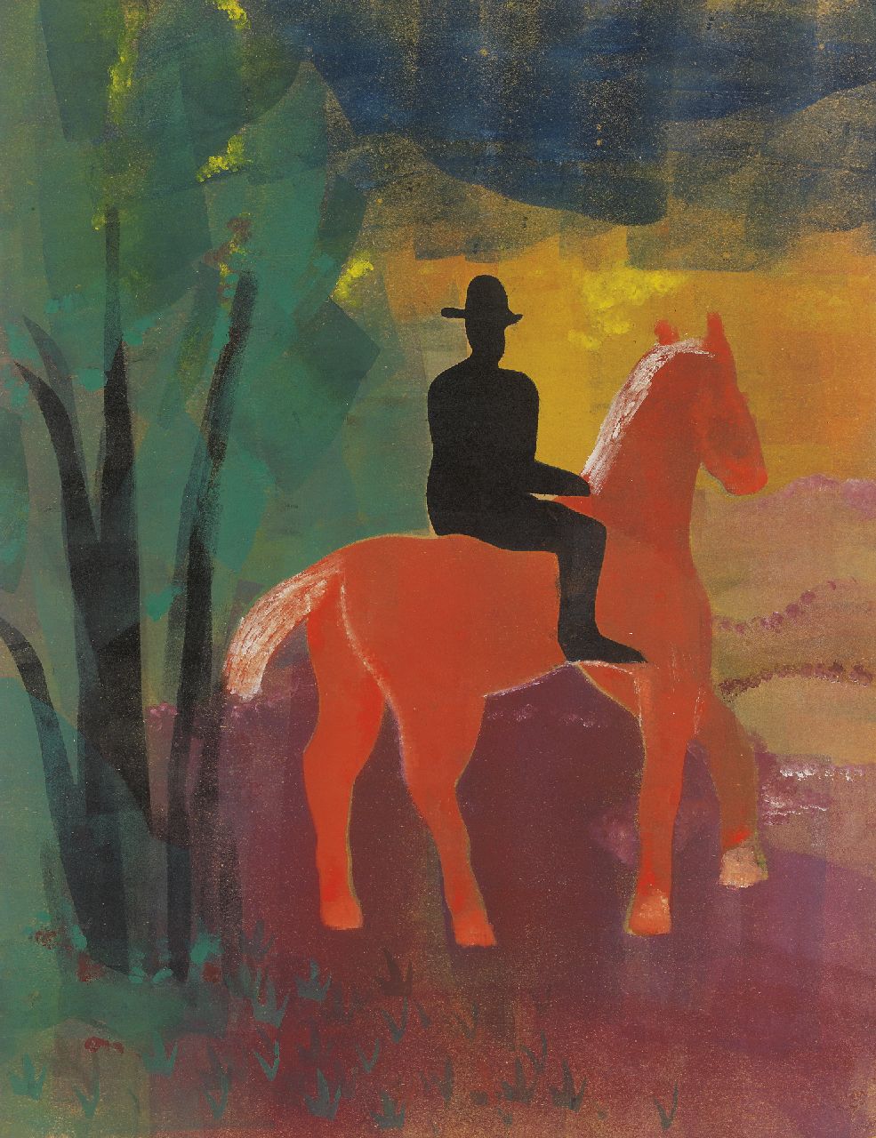 Werkman H.N. | Hendrik Nicolaas Werkman, Rood paard met zwarte ruiter, sjabloon, inktrol, drukinkt op papier 65,0 x 50,0 cm, gedateerd 1944 Werkman H.N. | Hendrik Nicolaas Werkman, Rood paard met zwarte ruiter, sjabloon, inktrol, drukinkt op papier 65,0 x 50,0 cm, gedateerd 1944