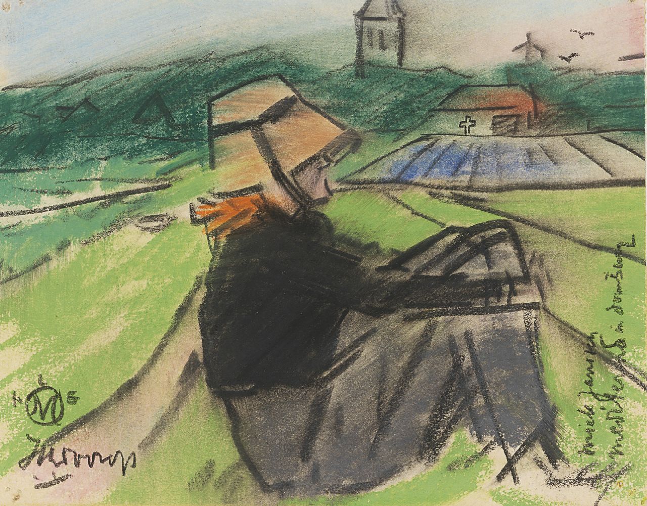 Toorop J.Th.  | Johannes Theodorus 'Jan' Toorop, Miek Janssen mediterend in Domburg, krijt op papier 11,0 x 13,9 cm, gesigneerd linksonder en te dateren ca. 1918-1922