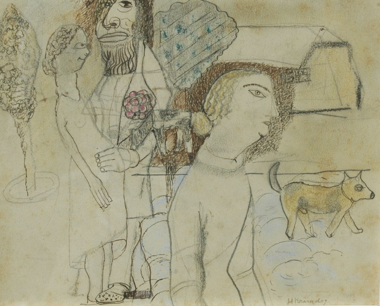Kruyder H.J.  | 'Herman' Justus Kruyder, De beschermer van de ongewenst zwangere, potlood, pen, inkt en pastel op papier 17,2 x 21,3 cm, gesigneerd rechtsonder en te dateren ca. 1922-1926