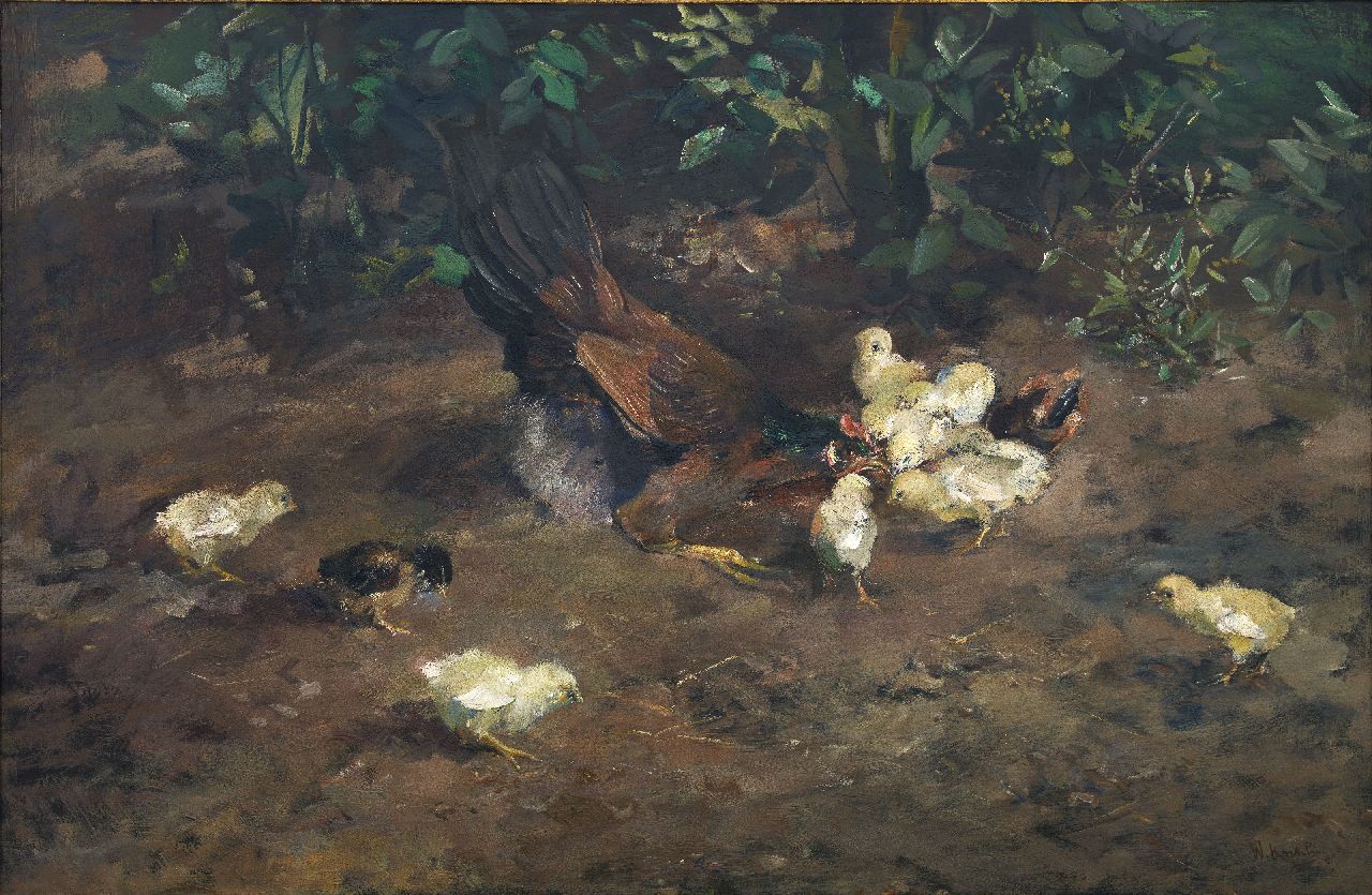 Korteling W. | Willem Korteling, Kip met kuikens, olieverf op doek 77,3 x 119,6 cm, gesigneerd rechtsonder Korteling W. | Willem Korteling, Kip met kuikens, olieverf op doek 77,3 x 119,6 cm, gesigneerd rechtsonder
