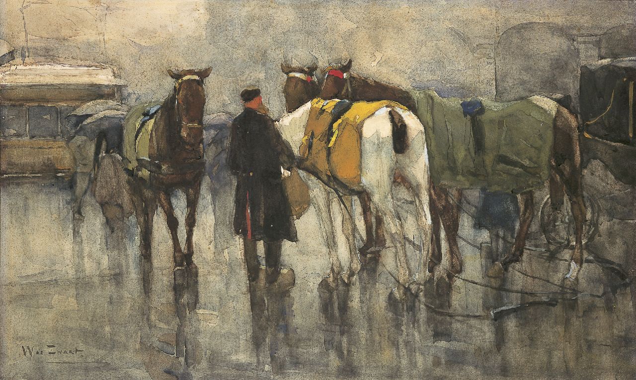 Zwart W.H.P.J. de | Wilhelmus Hendrikus Petrus Johannes 'Willem' de Zwart, Inspannen van de paarden, aquarel op papier 30,0 x 60,0 cm, gesigneerd linksonder Zwart W.H.P.J. de | Wilhelmus Hendrikus Petrus Johannes 'Willem' de Zwart, Inspannen van de paarden, aquarel op papier 30,0 x 60,0 cm, gesigneerd linksonder
