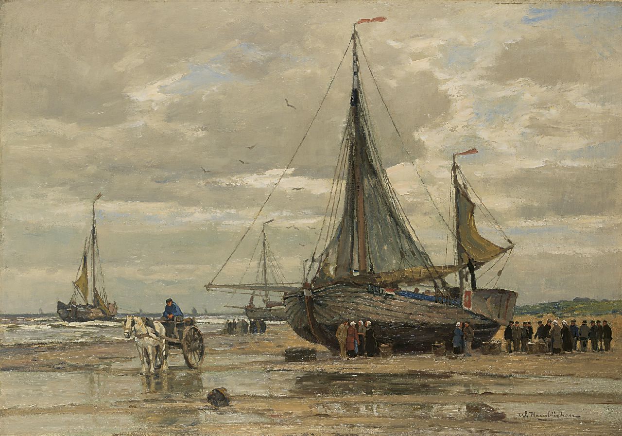 Hambüchen W. | Wilhelm Hambüchen, Vissersvolk bij een bom op het strand van Katwijk, olieverf op doek 82,0 x 117,4 cm, gesigneerd rechtsonder Hambüchen W. | Wilhelm Hambüchen, Vissersvolk bij een bom op het strand van Katwijk, olieverf op doek 82,0 x 117,4 cm, gesigneerd rechtsonder