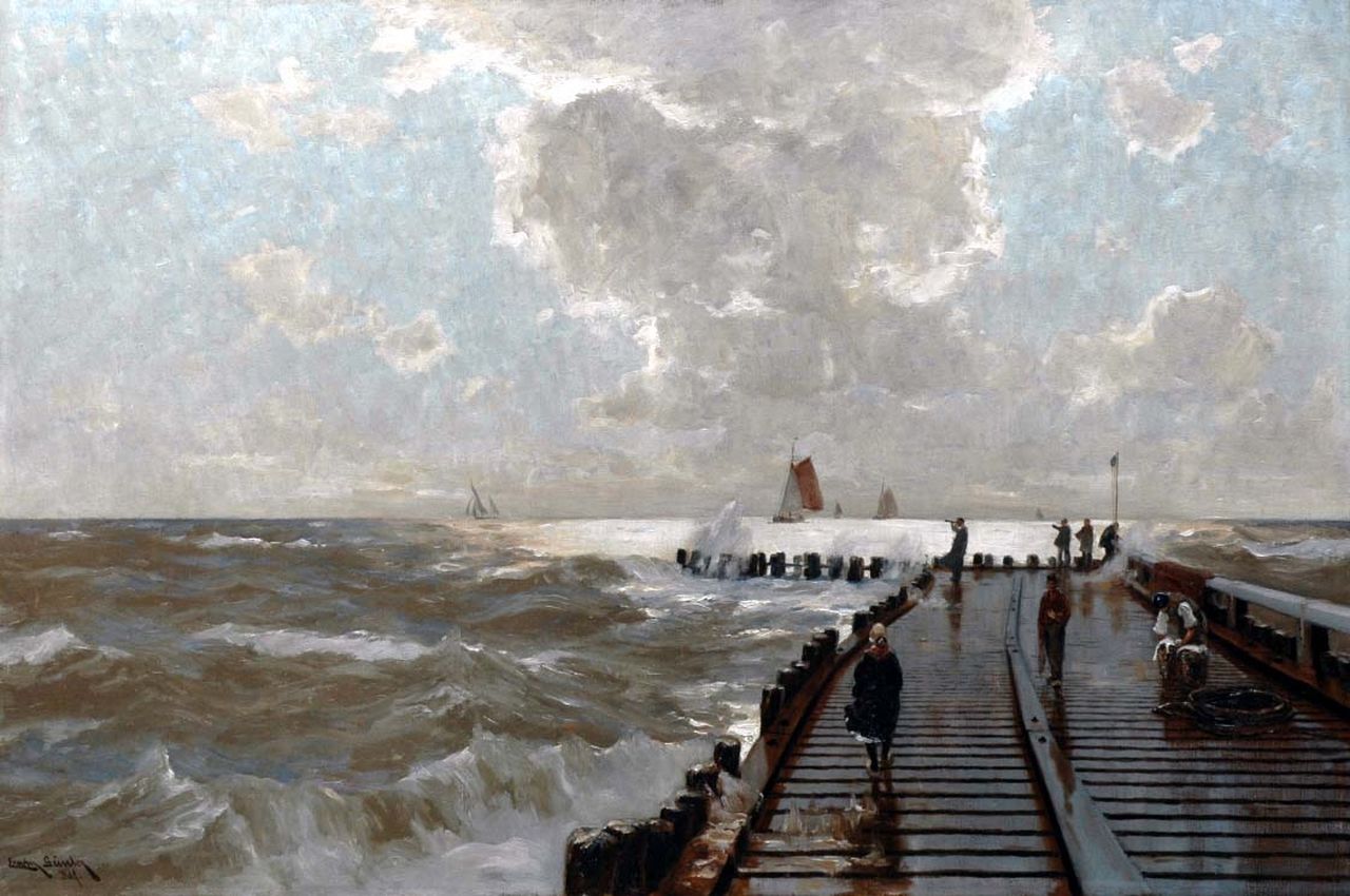 Günther E.C.W. | 'Erwin' Carl Wilhelm Günther, Figuren op een havenhoofd bij stormachtig weer, olieverf op doek 80,0 x 120,8 cm, gesigneerd linksonder Günther E.C.W. | 'Erwin' Carl Wilhelm Günther, Figuren op een havenhoofd bij stormachtig weer, olieverf op doek 80,0 x 120,8 cm, gesigneerd linksonder