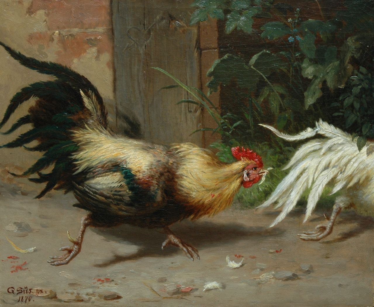 Süs K.G. | Konrad 'Gustav' Süs, De heerser over het hoenderhof, olieverf op doek 28,1 x 34,3 cm, gesigneerd linksonder en gedateerd 1870 Süs K.G. | Konrad 'Gustav' Süs, De heerser over het hoenderhof, olieverf op doek 28,1 x 34,3 cm, gesigneerd linksonder en gedateerd 1870