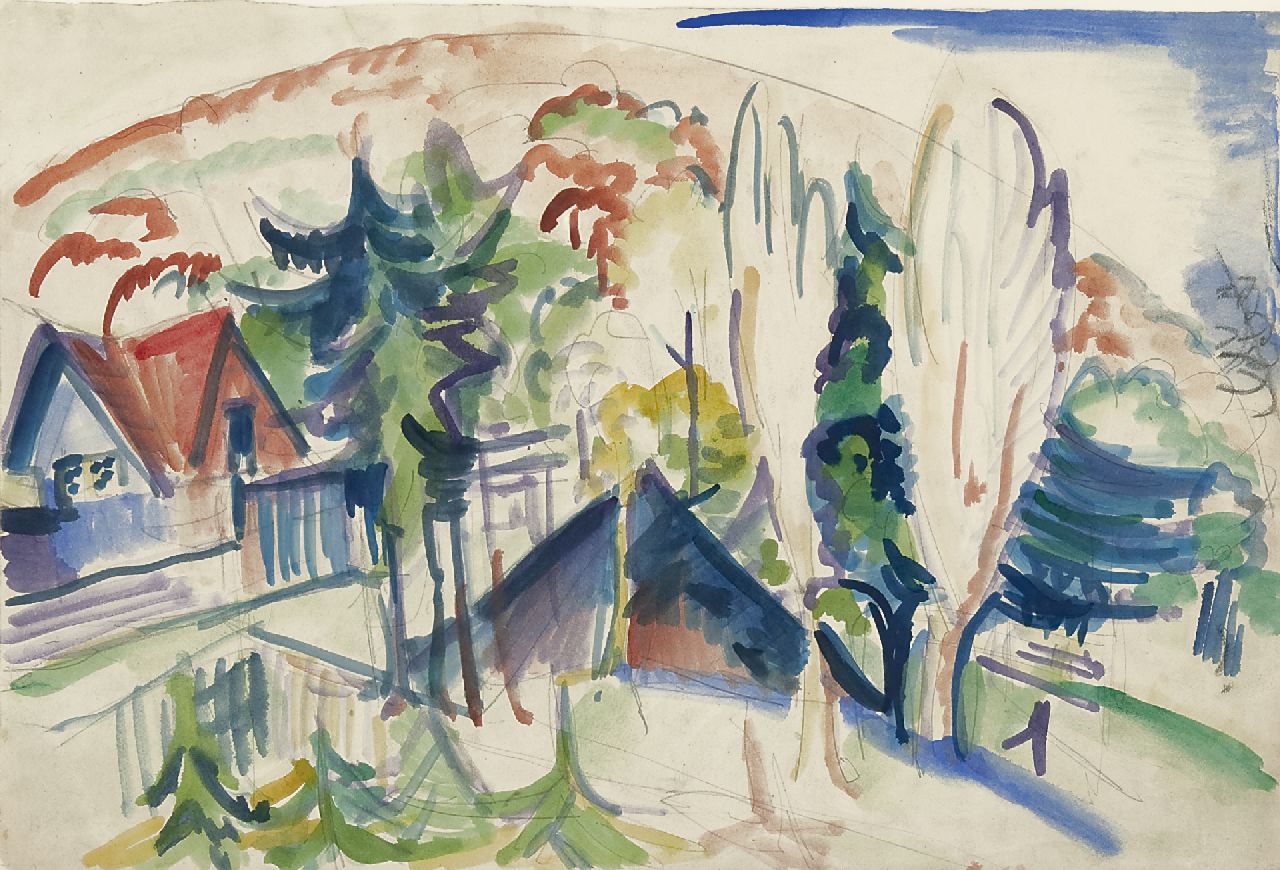 Kirchner E.L. | Ernst Ludwig Kirchner, Dorp in het Taunusgebergte, potlood, krijt en aquarel op papier 38,3 x 56,6 cm, te dateren 1916 Kirchner E.L. | Ernst Ludwig Kirchner, Dorp in het Taunusgebergte, potlood, krijt en aquarel op papier 38,3 x 56,6 cm, te dateren 1916