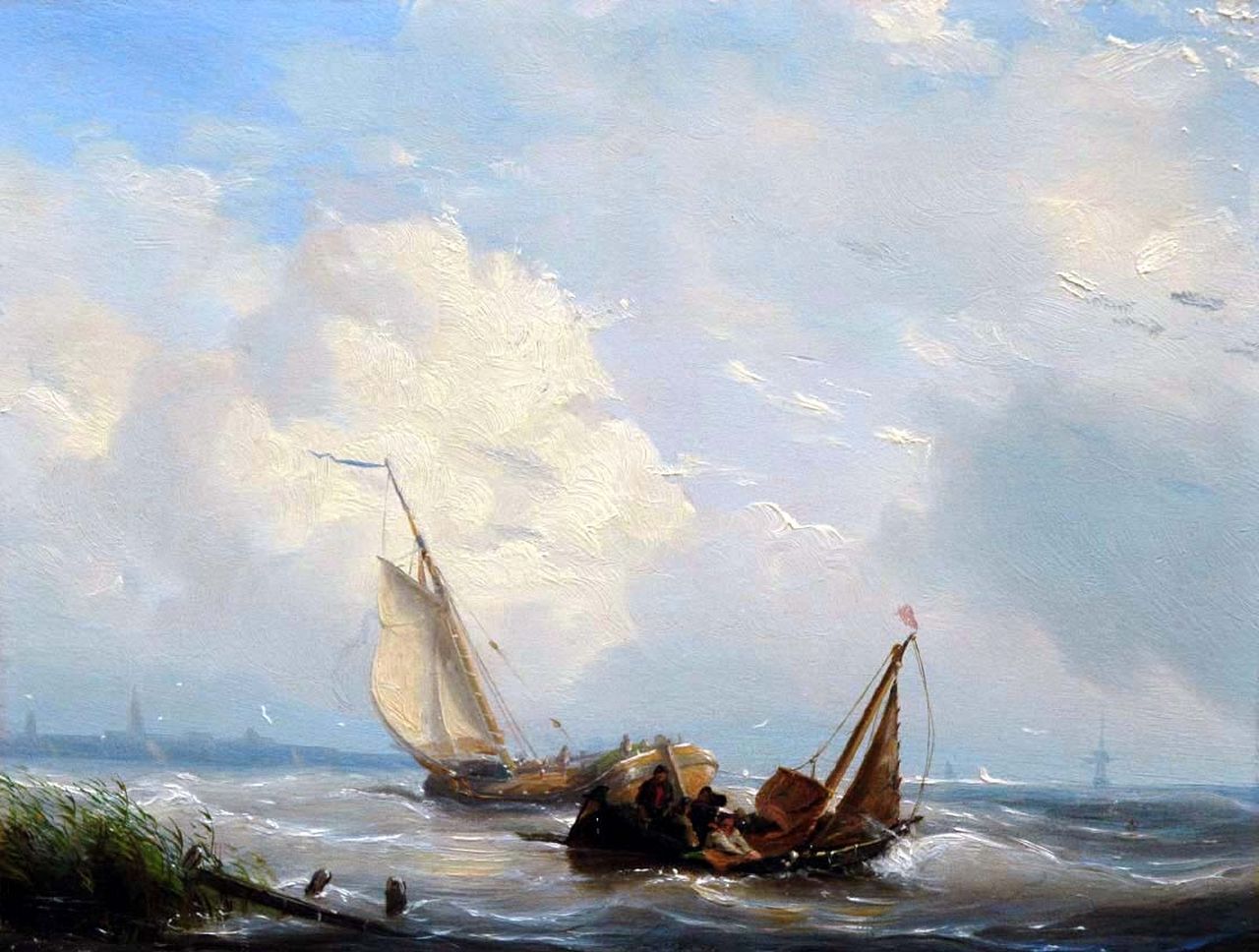 Riegen N.  | Nicolaas Riegen, Laverende schepen voor de kust, olieverf op paneel 16,4 x 21,6 cm, gesigneerd linksonder