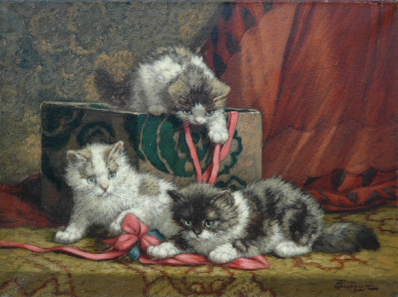 Raaphorst C. | Cornelis Raaphorst, Drie spelende kittens bij een lintendoos, olieverf op doek 29,8 x 40,0 cm, gesigneerd rechtsonder Raaphorst C. | Cornelis Raaphorst, Drie spelende kittens bij een lintendoos, olieverf op doek 29,8 x 40,0 cm, gesigneerd rechtsonder