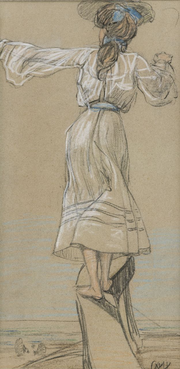 Vaarzon Morel W.F.A.I. | Wilhelm Ferdinand Abraham Isaac 'Willem' Vaarzon Morel, Jong meisje op de uitkijk aan zee, pastel op papier 31,6 x 18,2 cm, gesigneerd rechtsonder met monogram Vaarzon Morel W.F.A.I. | Wilhelm Ferdinand Abraham Isaac 'Willem' Vaarzon Morel, Jong meisje op de uitkijk aan zee, pastel op papier 31,6 x 18,2 cm, gesigneerd rechtsonder met monogram