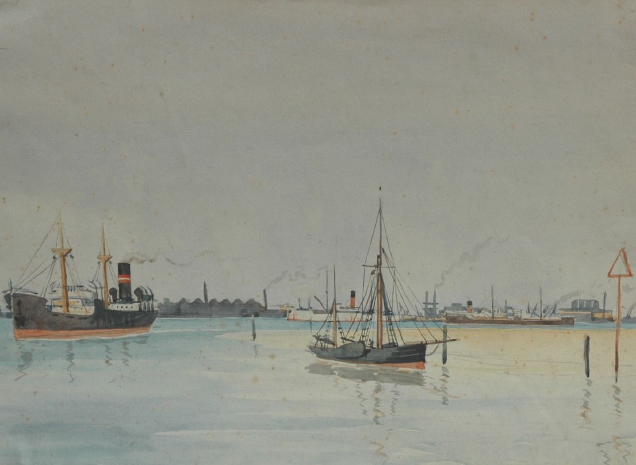 Back R.T. | Robert Trenaman Back, Schepen in een havenmond, aquarel op papier 27,5 x 36,5 cm Back R.T. | Robert Trenaman Back, Schepen in een havenmond, aquarel op papier 27,5 x 36,5 cm