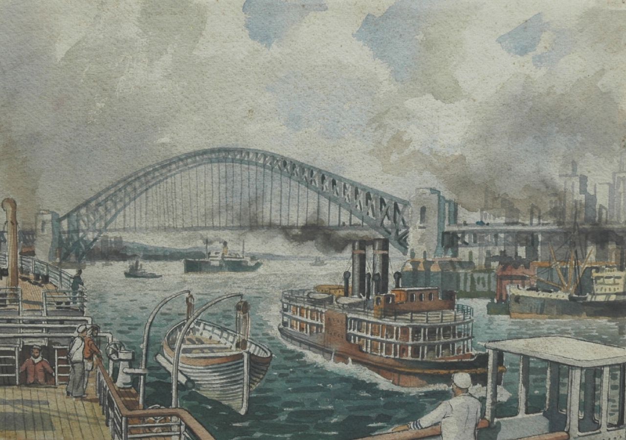 Back R.T.  | Robert Trenaman Back | Aquarellen en tekeningen te koop aangeboden | Druk scheepsverkeer bij een stad, Verenigde Staten (niet te koop), pen, inkt en aquarel op papier 25,5 x 35,6 cm, gesigneerd verso