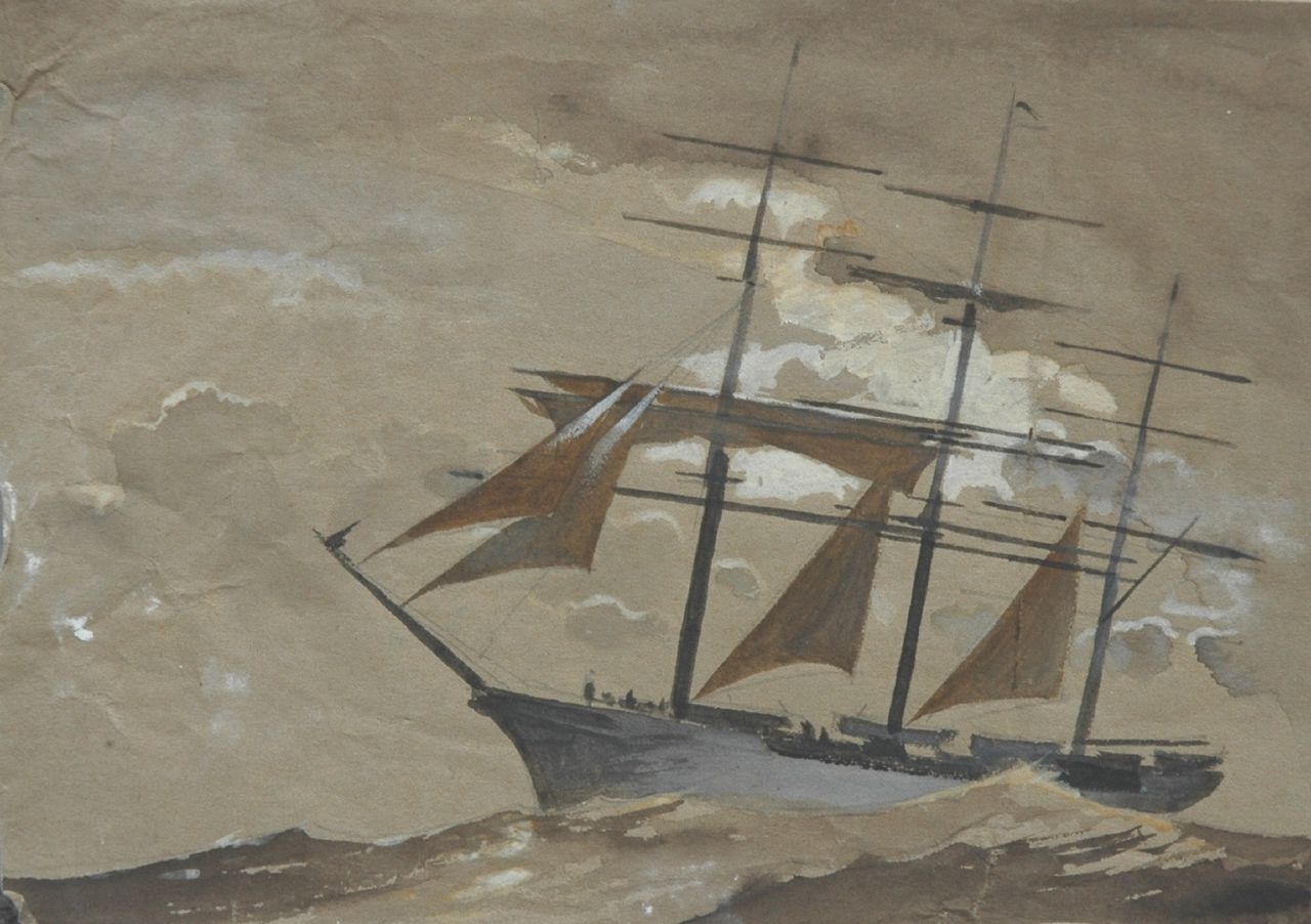 Back R.T. | Robert Trenaman Back, Driemaster op zee, aquarel op papier 15,0 x 20,9 cm Back R.T. | Robert Trenaman Back, Driemaster op zee, aquarel op papier 15,0 x 20,9 cm