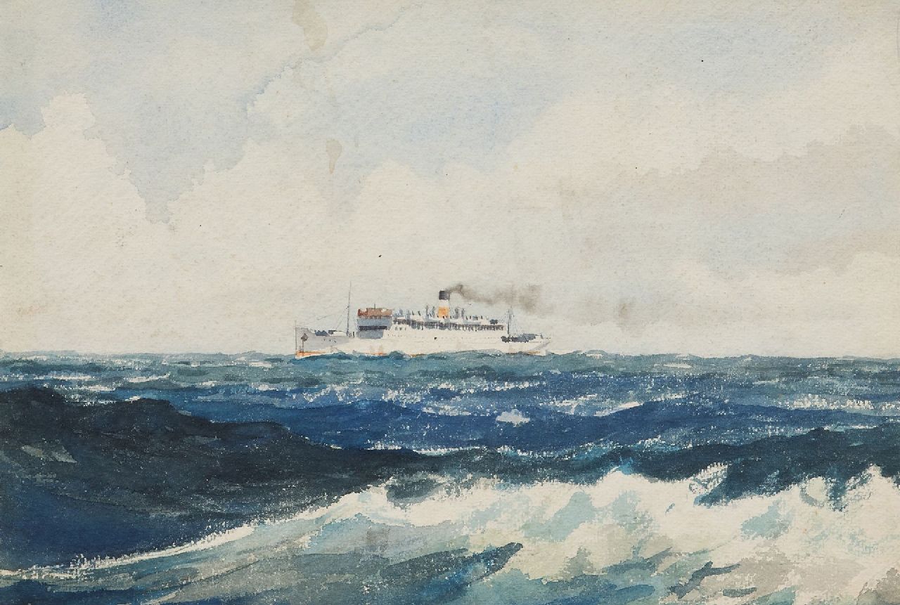 Back R.T.  | Robert Trenaman Back | Aquarellen en tekeningen te koop aangeboden | Het stoomschip Lord Nelson op volle zee, aquarel op papier 24,4 x 35,6 cm, gesigneerd rechtsonder en gedateerd 1939
