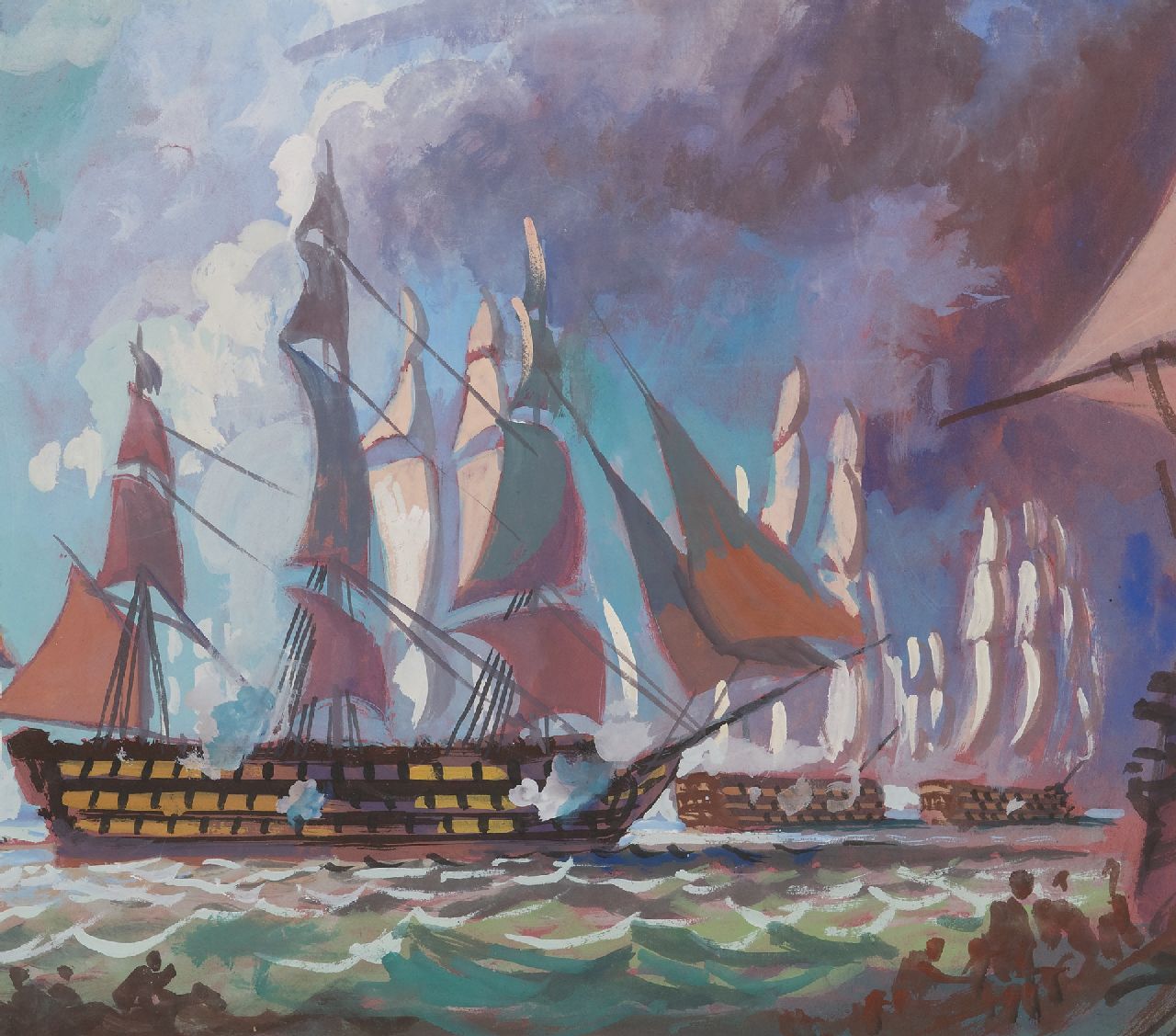 Back R.T. | Robert Trenaman Back | Aquarellen en tekeningen te koop aangeboden | Nelson's squadron doorbreekt de Franse linie, Travalgar 1812, aquarel op papier 37,3 x 52,2 cm Back R.T. | Robert Trenaman Back | Aquarellen en tekeningen te koop aangeboden | Nelson's squadron doorbreekt de Franse linie, Travalgar 1812, aquarel op papier 37,3 x 52,2 cm
