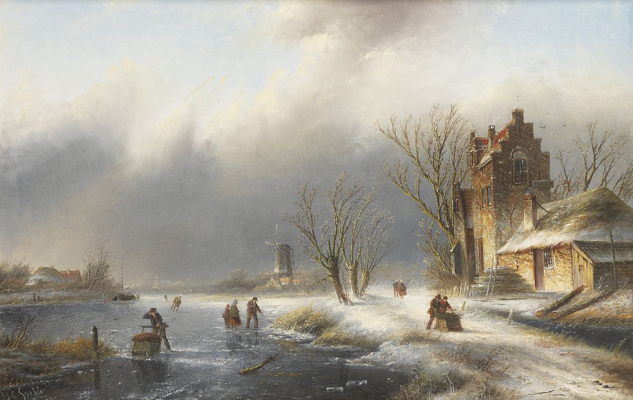 Spohler J.J.C. | Jacob Jan Coenraad Spohler, Winterlandschap met figuren op en langs bevroren rivier, olieverf op doek 43,6 x 66,8 cm, gesigneerd linksonder Spohler J.J.C. | Jacob Jan Coenraad Spohler, Winterlandschap met figuren op en langs bevroren rivier, olieverf op doek 43,6 x 66,8 cm, gesigneerd linksonder