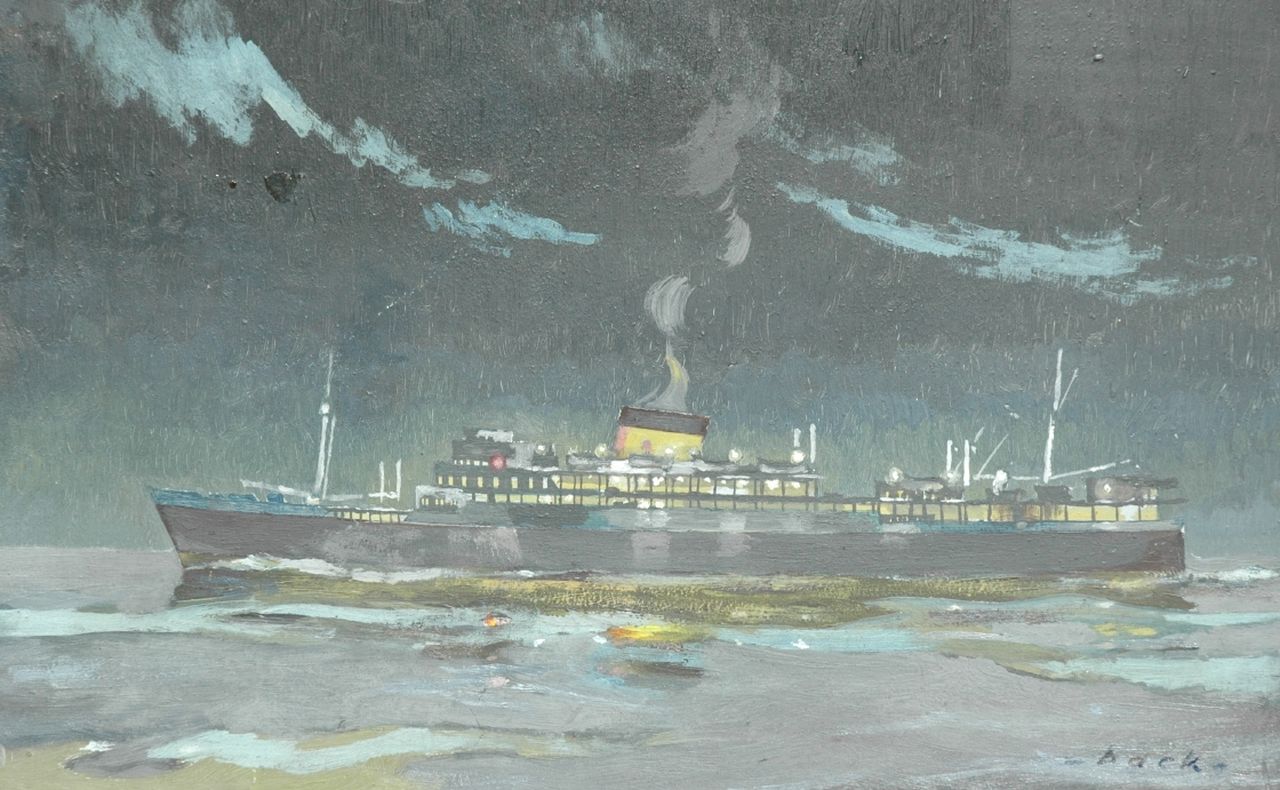 Back R.T. | Robert Trenaman Back | Schilderijen te koop aangeboden | Passagiersschip op volle zee bij nacht, olieverf op paneel 25,3 x 40,0 cm, gesigneerd rechtsonder Back R.T. | Robert Trenaman Back | Schilderijen te koop aangeboden | Passagiersschip op volle zee bij nacht, olieverf op paneel 25,3 x 40,0 cm, gesigneerd rechtsonder
