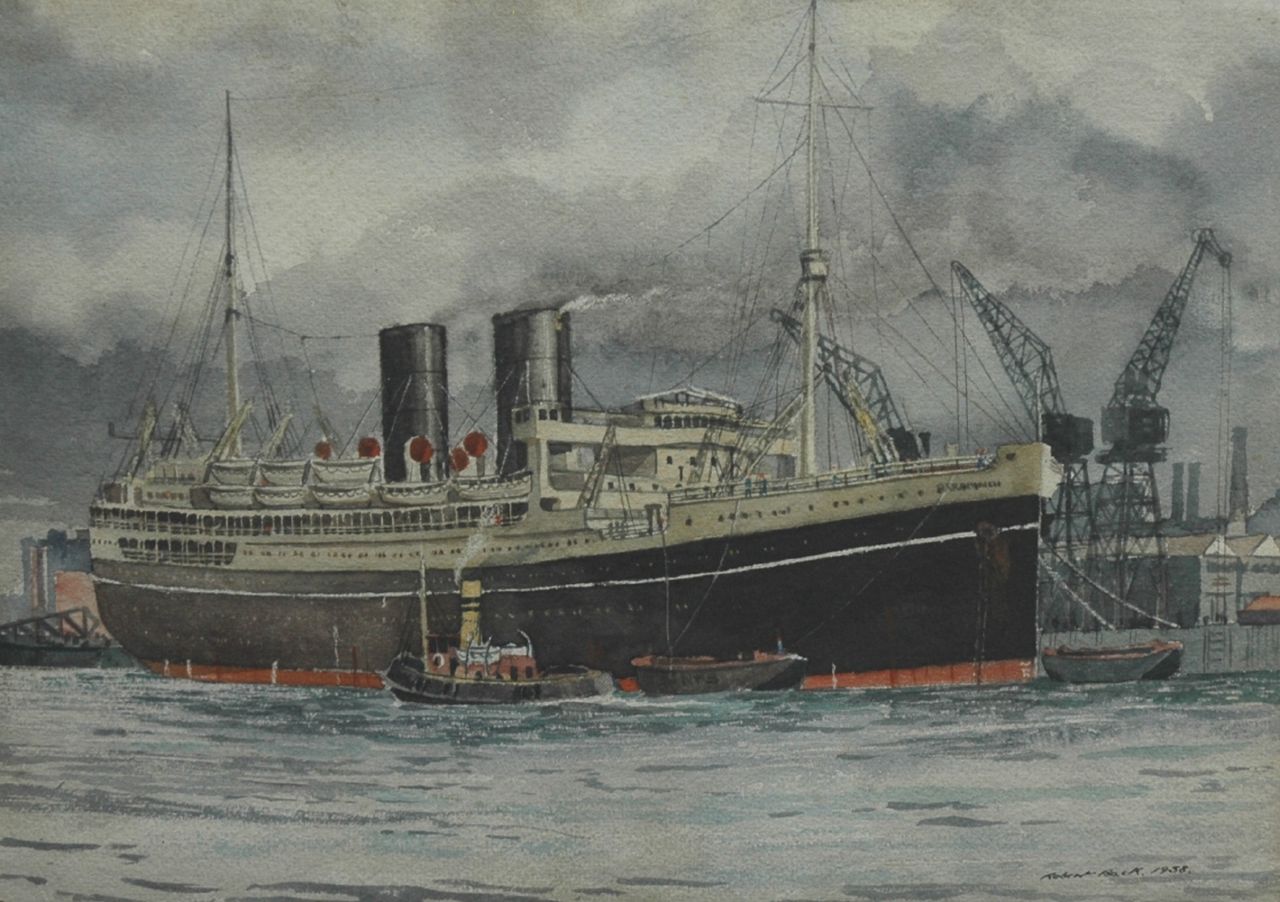 Back R.T. | Robert Trenaman Back, Het stoomschip Parapindi aan de kade, aquarel op papier 25,5 x 35,6 cm, gesigneerd rechtsonder en verso en gedateerd 1938 Back R.T. | Robert Trenaman Back, Het stoomschip Parapindi aan de kade, aquarel op papier 25,5 x 35,6 cm, gesigneerd rechtsonder en verso en gedateerd 1938