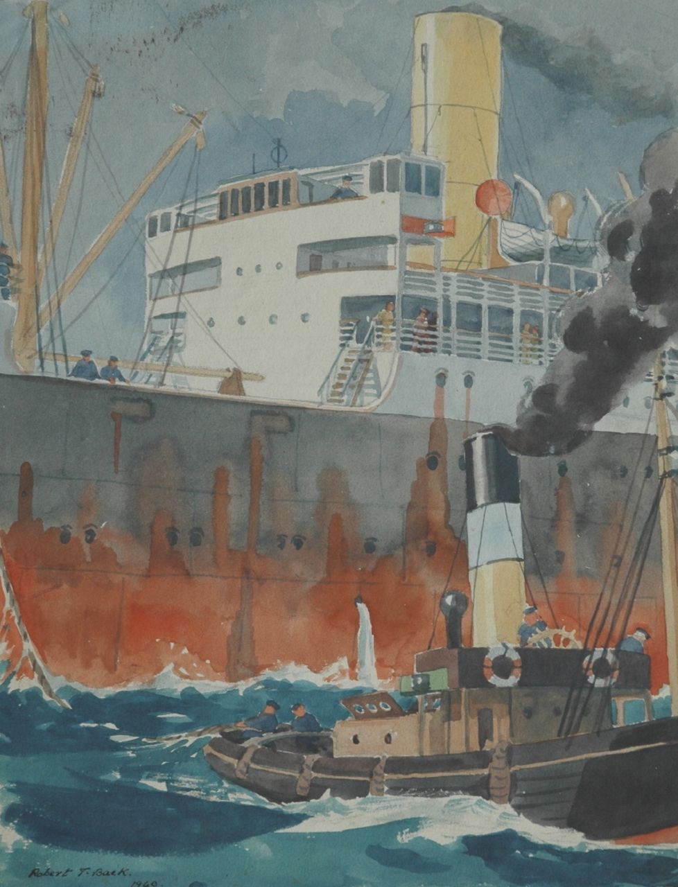 Back R.T. | Robert Trenaman Back, De sleepboot neemt het over, aquarel op papier 29,2 x 49,5 cm, gesigneerd linksonder en gedateerd 1940 Back R.T. | Robert Trenaman Back, De sleepboot neemt het over, aquarel op papier 29,2 x 49,5 cm, gesigneerd linksonder en gedateerd 1940