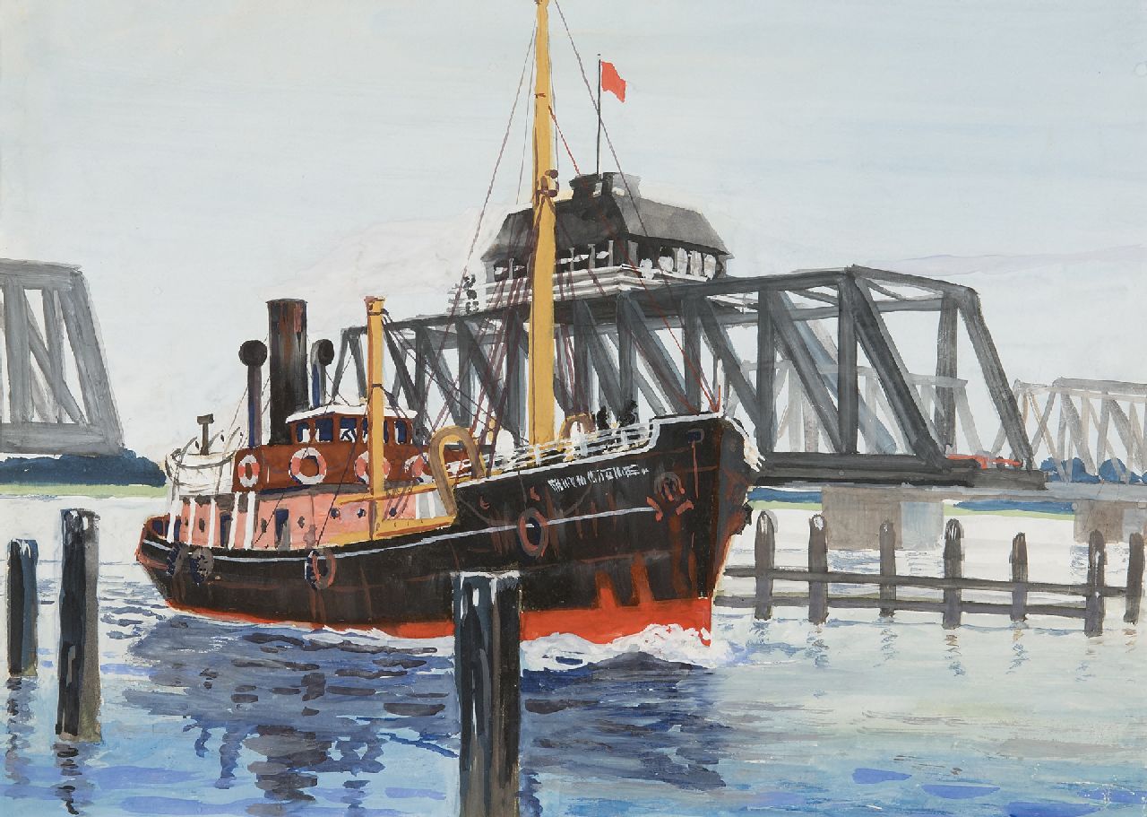 Back R.T.  | Robert Trenaman Back, Trawler, varend bij een draaibrug, aquarel op papier 24,4 x 33,4 cm