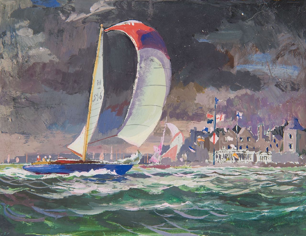 Back R.T.  | Robert Trenaman Back | Aquarellen en tekeningen te koop aangeboden | Wedstrijd van zeiljachten bij haveningang, aquarel op papier 11,5 x 15,5 cm