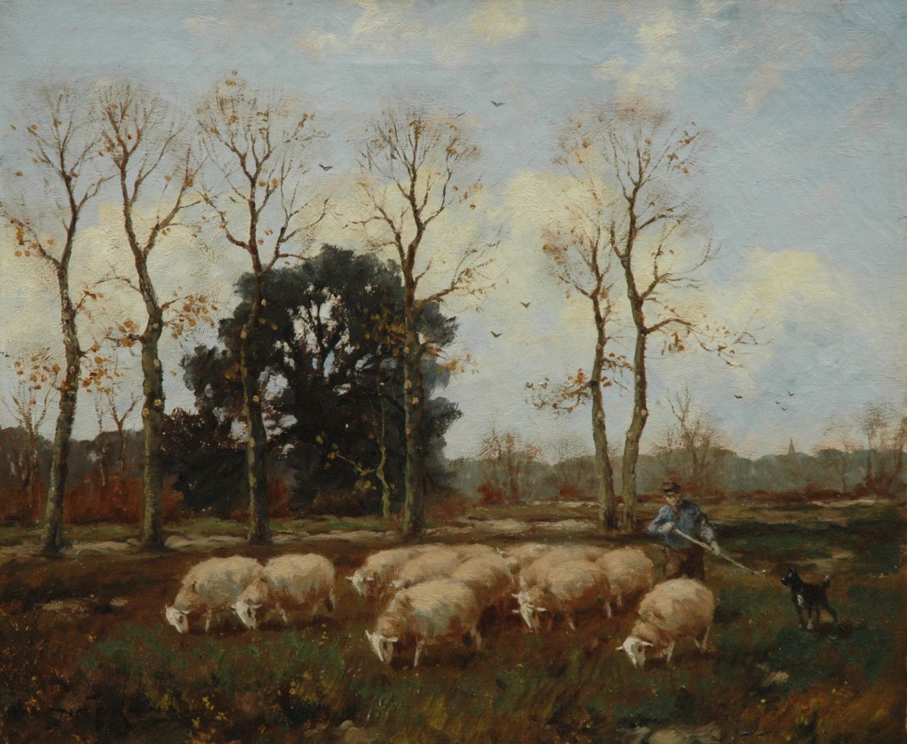 Nefkens M.J. | Martinus Jacobus Nefkens, Herder en hond met kudde schapen, olieverf op doek 50,0 x 61,0 cm, gesigneerd linksonder Nefkens M.J. | Martinus Jacobus Nefkens, Herder en hond met kudde schapen, olieverf op doek 50,0 x 61,0 cm, gesigneerd linksonder