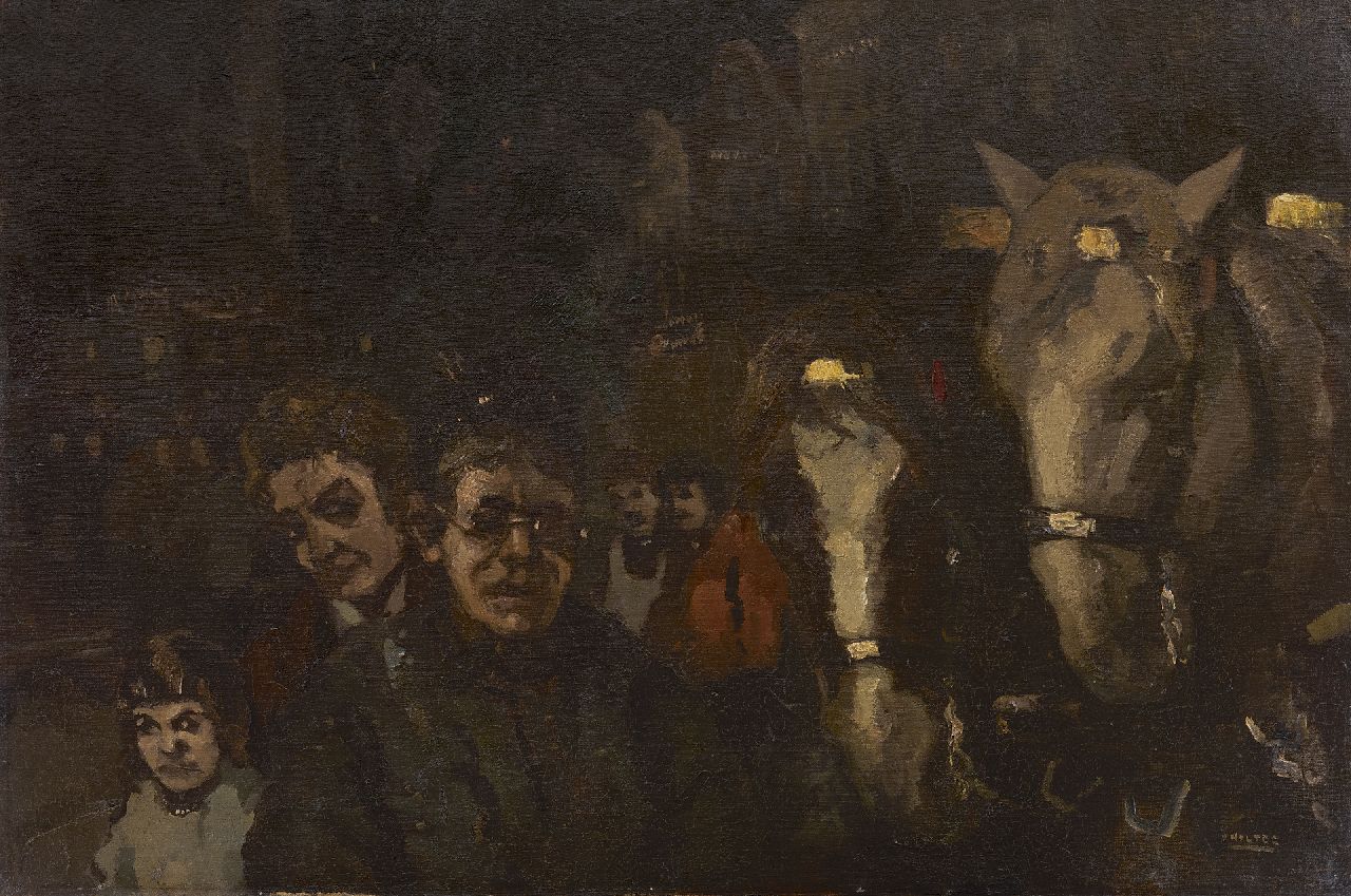 Noltee B.C. | Bernardus Cornelis 'Cor' Noltee | Schilderijen te koop aangeboden | Figuren en koetspaarden bij avond, olieverf op doek 60,7 x 90,7 cm, gesigneerd rechtsonder Noltee B.C. | Bernardus Cornelis 'Cor' Noltee | Schilderijen te koop aangeboden | Figuren en koetspaarden bij avond, olieverf op doek 60,7 x 90,7 cm, gesigneerd rechtsonder