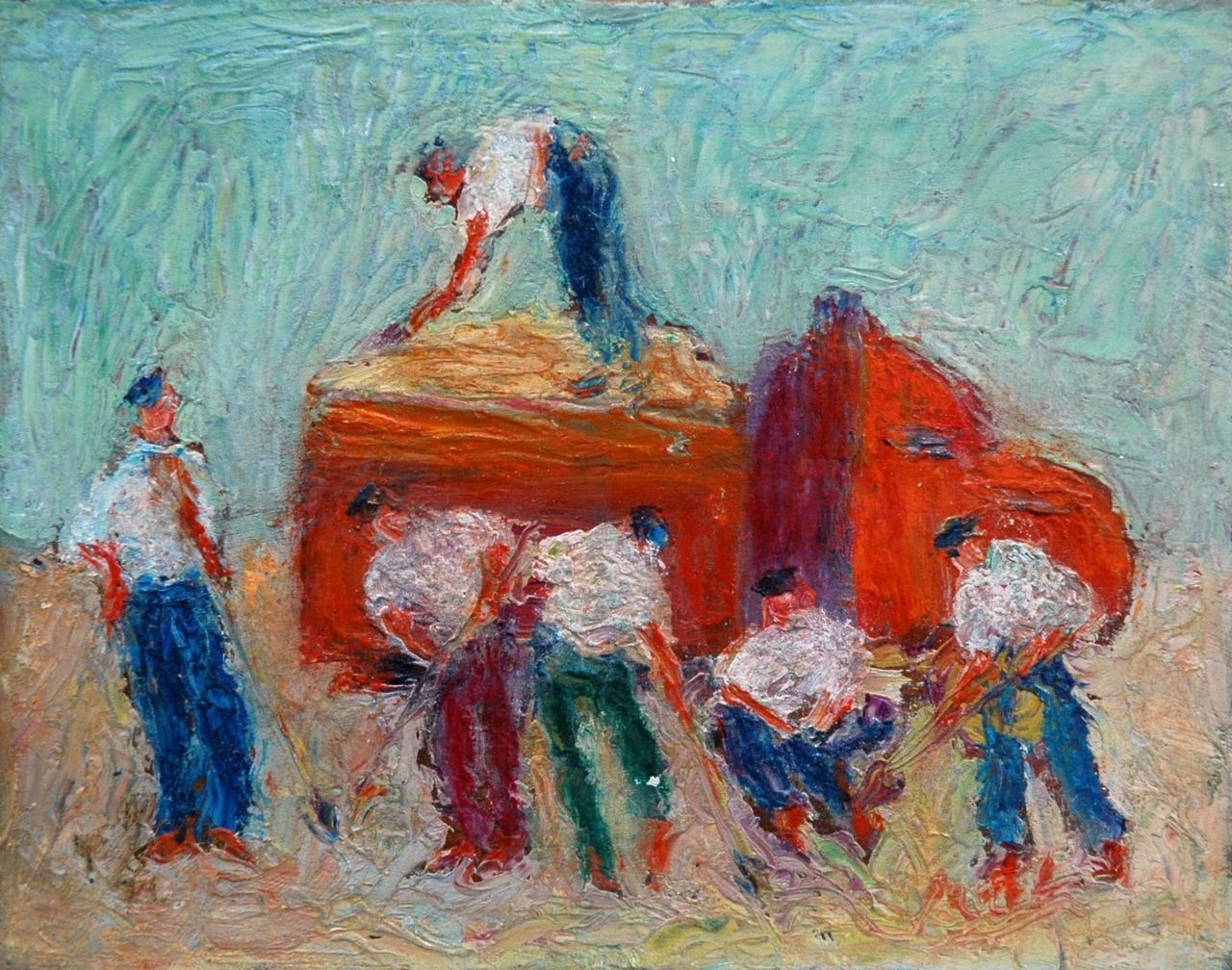 Banet R.  | Rodolphe Banet, Werklieden bij een vrachtwagen, olieverf op board 13,7 x 17,5 cm, gesigneerd linksonder en verso en gedateerd '24
