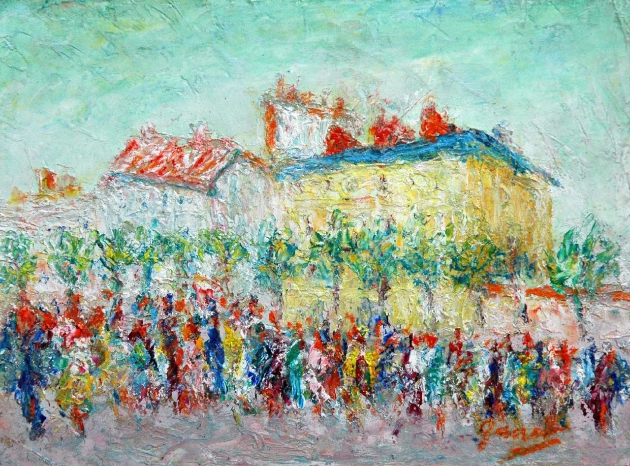 Banet R. | Rodolphe Banet, Parijs' stadsgezicht, olieverf op board 12,3 x 16,5 cm, gesigneerd rechtsonder en verso Banet R. | Rodolphe Banet, Parijs' stadsgezicht, olieverf op board 12,3 x 16,5 cm, gesigneerd rechtsonder en verso