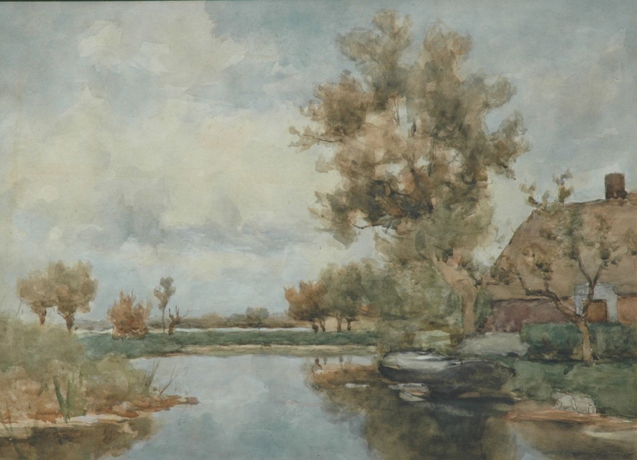 Weissenbruch H.J.  | Hendrik Johannes 'J.H.' Weissenbruch, Boerderij aan het water, aquarel op papier 43,5 x 59,0 cm, gesigneerd linksonder en gedateerd 1900