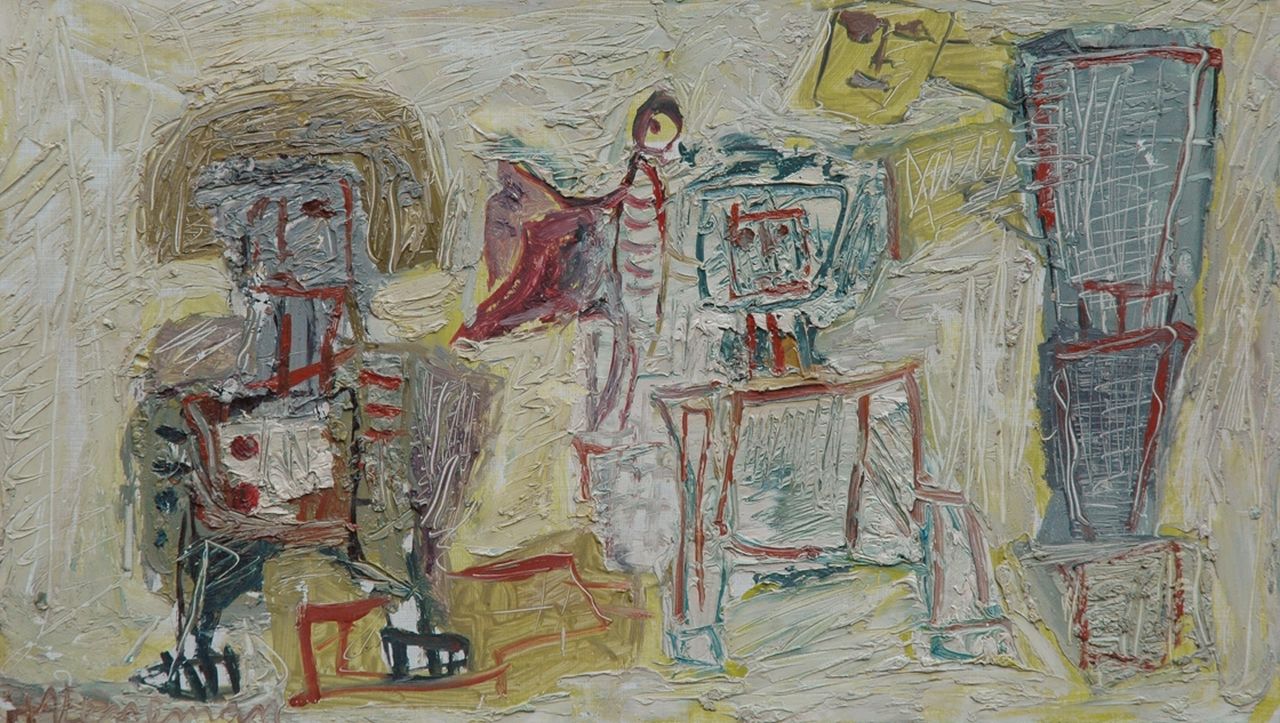 Veneman J.  | Johannes 'Hans' Veneman, Figuren en vogel, olieverf op formica 22,5 x 39,7 cm, gesigneerd linksonder en verso