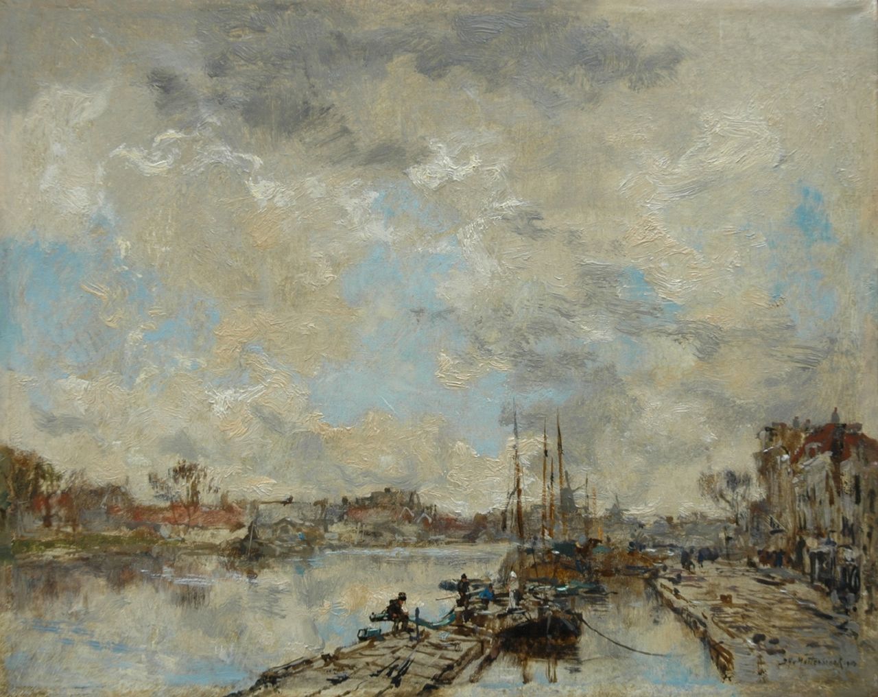 Mastenbroek J.H. van | Johan Hendrik van Mastenbroek, Aangemeerde vissersschuiten langs een kade, olieverf op doek 28,6 x 35,7 cm, gesigneerd rechtsonder en gedateerd 1914 Mastenbroek J.H. van | Johan Hendrik van Mastenbroek, Aangemeerde vissersschuiten langs een kade, olieverf op doek 28,6 x 35,7 cm, gesigneerd rechtsonder en gedateerd 1914