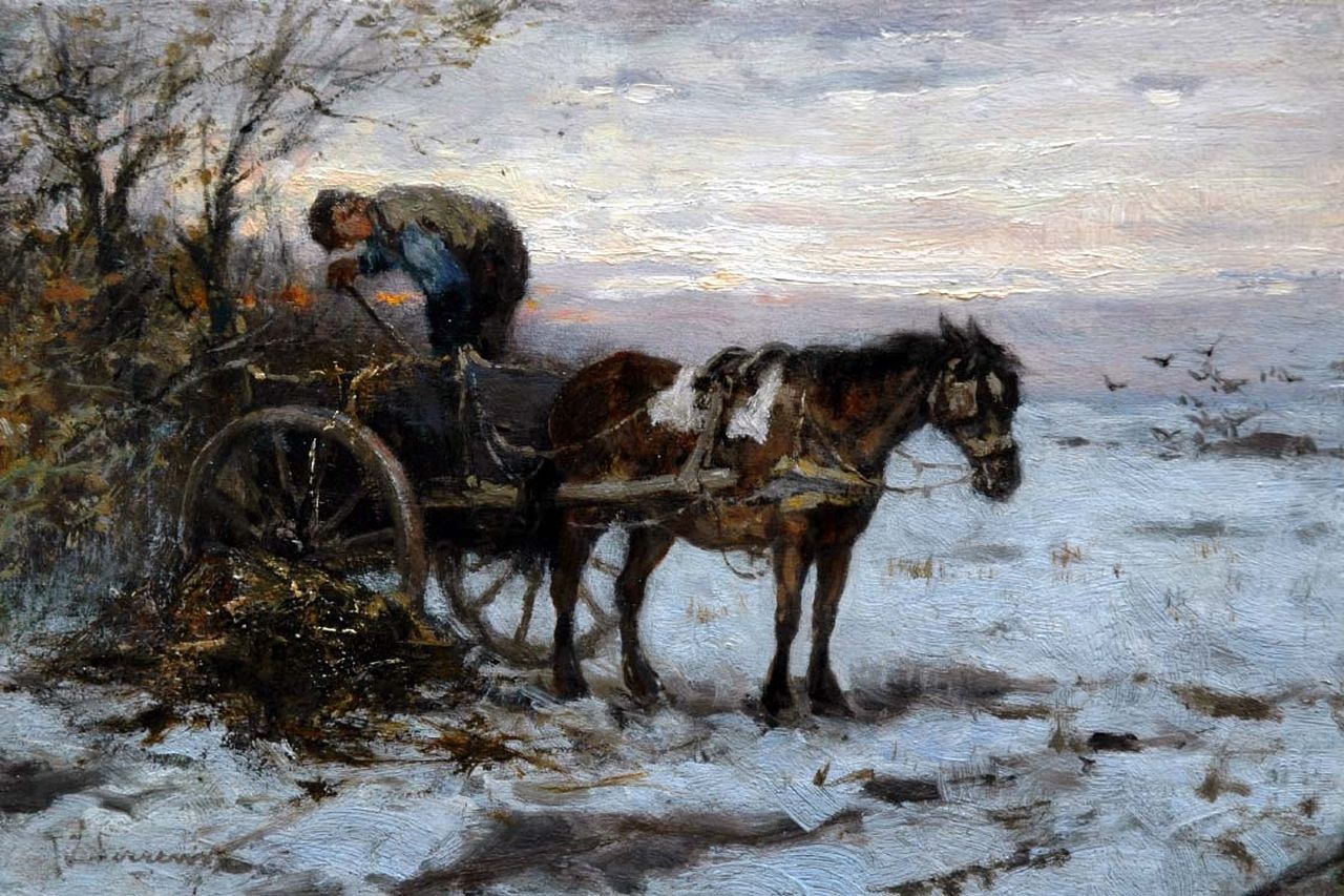 Scherrewitz J.F.C.  | Johan Frederik Cornelis Scherrewitz, Afladen van de mestkar, olieverf op paneel 16,7 x 24,7 cm, gesigneerd linksonder