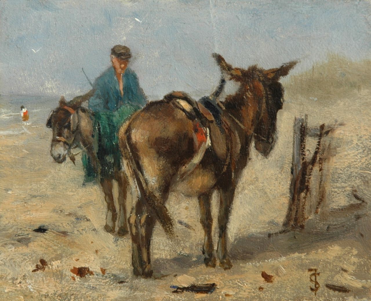 Scherrewitz J.F.C. | Johan Frederik Cornelis Scherrewitz, Ezeltjes met drijver op het strand, olieverf op paneel 11,0 x 13,4 cm, gesigneerd rechtsonder met monogram Scherrewitz J.F.C. | Johan Frederik Cornelis Scherrewitz, Ezeltjes met drijver op het strand, olieverf op paneel 11,0 x 13,4 cm, gesigneerd rechtsonder met monogram