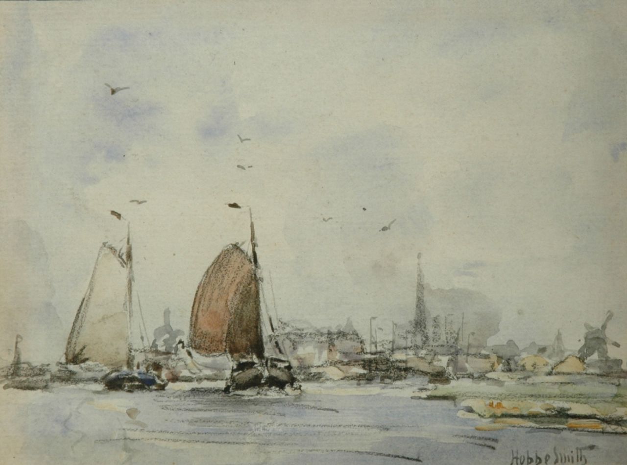 Smith H. | Hobbe Smith, Schepen op het IJ, aquarel op papier 13,5 x 17,0 cm, gesigneerd rechtsonder en verso Smith H. | Hobbe Smith, Schepen op het IJ, aquarel op papier 13,5 x 17,0 cm, gesigneerd rechtsonder en verso