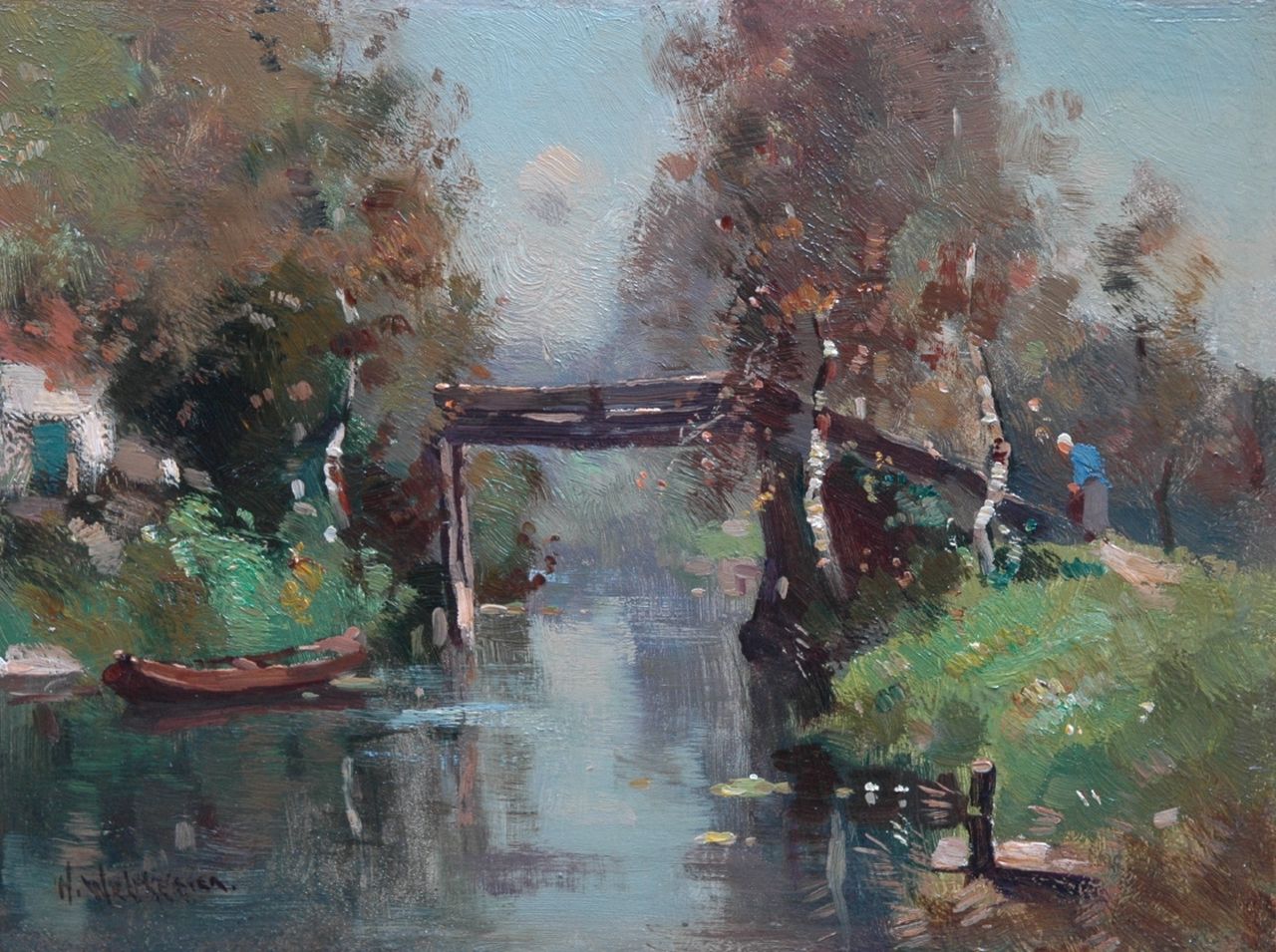 Knikker A. | Aris Knikker, Bruggetje, Giethoorn, olieverf op paneel 18,1 x 24,3 cm, gesigneerd linksonder met pseudoniem 'H. Welther' Knikker A. | Aris Knikker, Bruggetje, Giethoorn, olieverf op paneel 18,1 x 24,3 cm, gesigneerd linksonder met pseudoniem 'H. Welther'