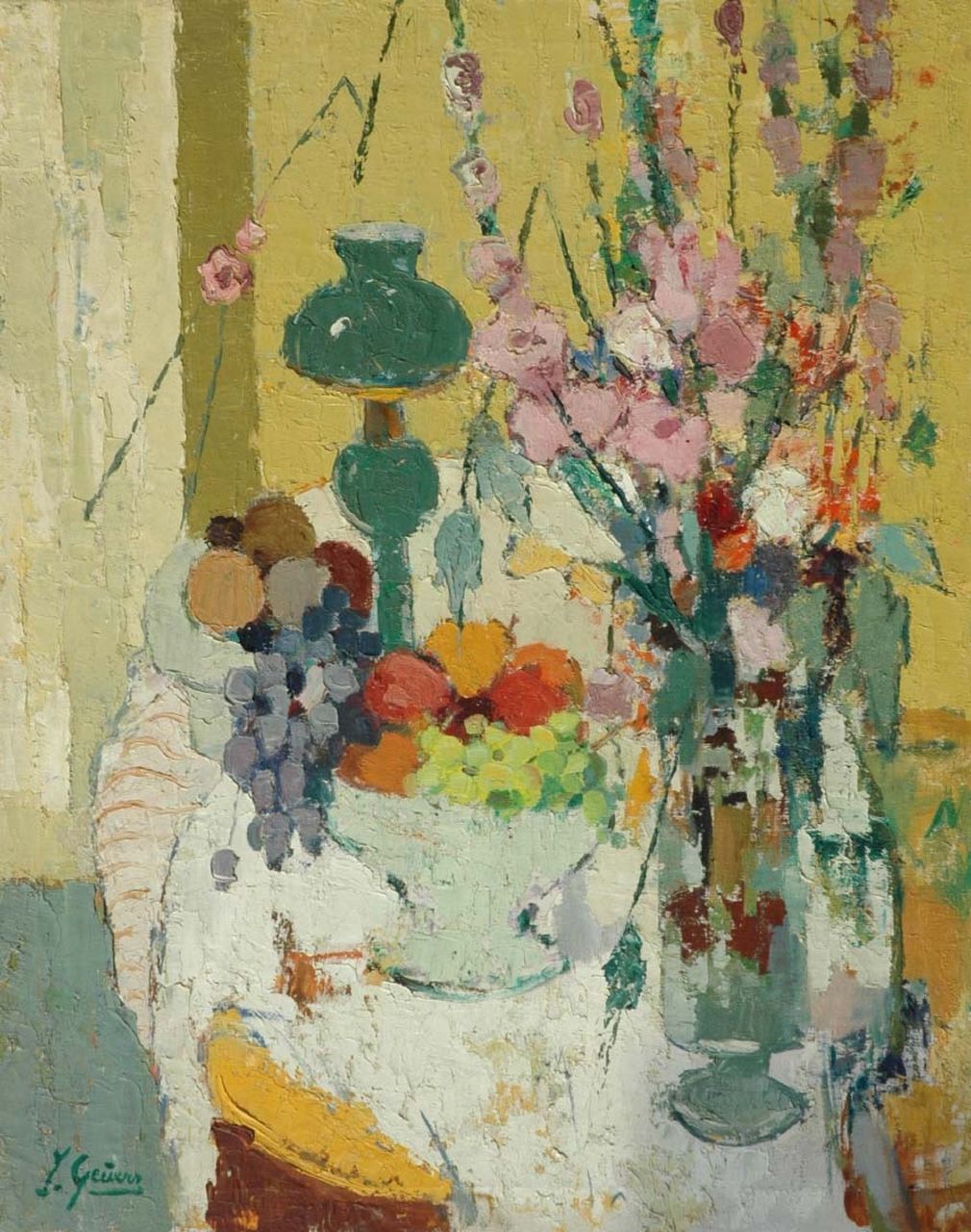 Geuens J. | Jacques Geuens, Stilleven van bloemen en vruchten op een tafel, olieverf op doek 99,3 x 79,8 cm, gesigneerd linksonder Geuens J. | Jacques Geuens, Stilleven van bloemen en vruchten op een tafel, olieverf op doek 99,3 x 79,8 cm, gesigneerd linksonder