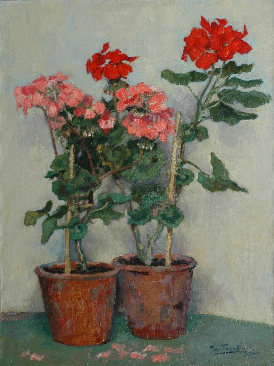 Franken J.H.  | Joannes Henricus 'Jan' Franken, Geraniums in bloempotten, olieverf op doek 72,6 x 55,5 cm, gesigneerd rechtsonder en op etiket op spieraam en gedateerd 1915