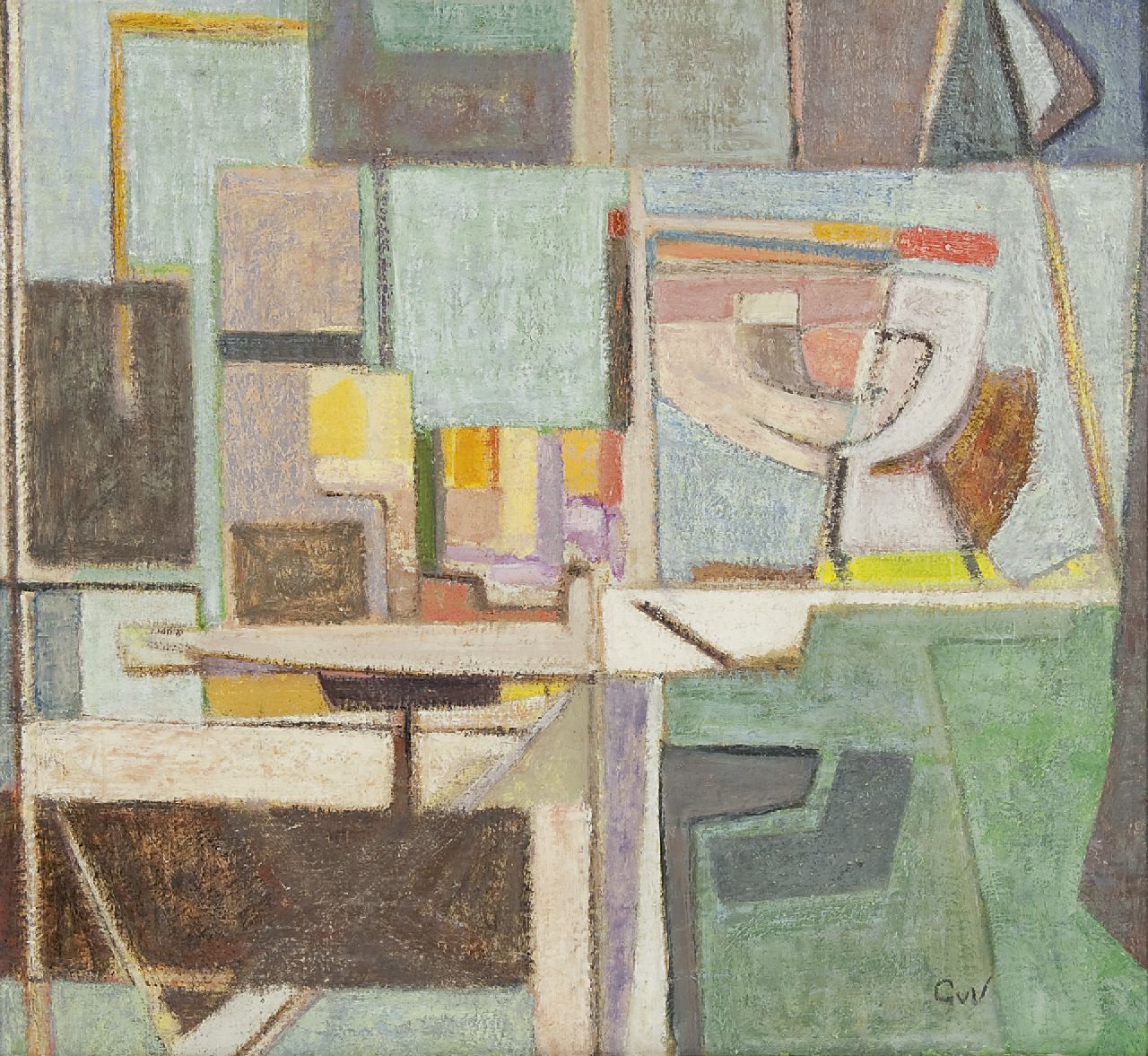 Velde G. van | Gerardus 'Geer' van Velde, Compositie, olieverf op doek 53,0 x 57,3 cm, gesigneerd rechtsonder met initialen en te dateren 1945-1950 Velde G. van | Gerardus 'Geer' van Velde, Compositie, olieverf op doek 53,0 x 57,3 cm, gesigneerd rechtsonder met initialen en te dateren 1945-1950